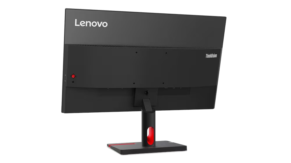 Parte trasera de un monitor Lenovo ThinkVision negro con acento rojo en el soporte.