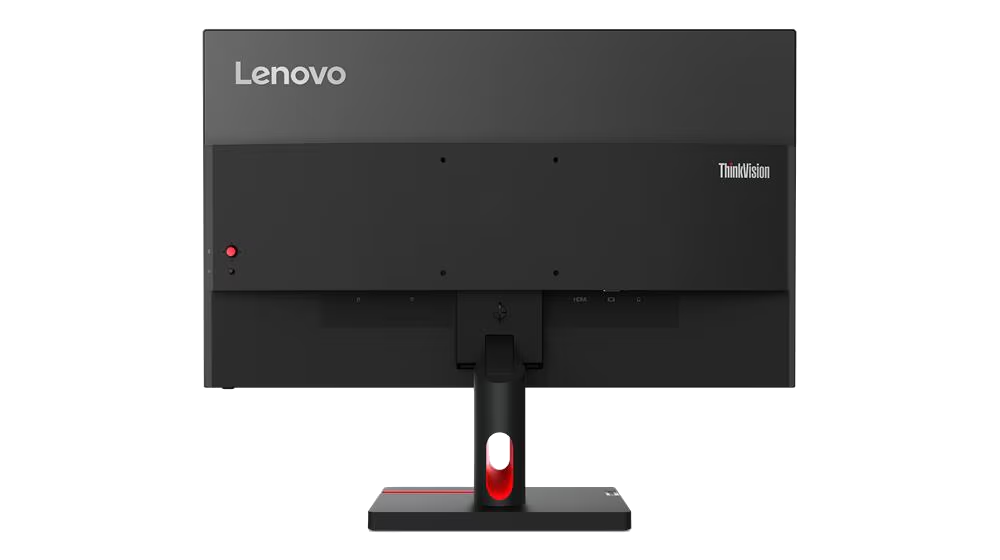 Parte trasera de un monitor Lenovo ThinkVision negro que muestra puertos.