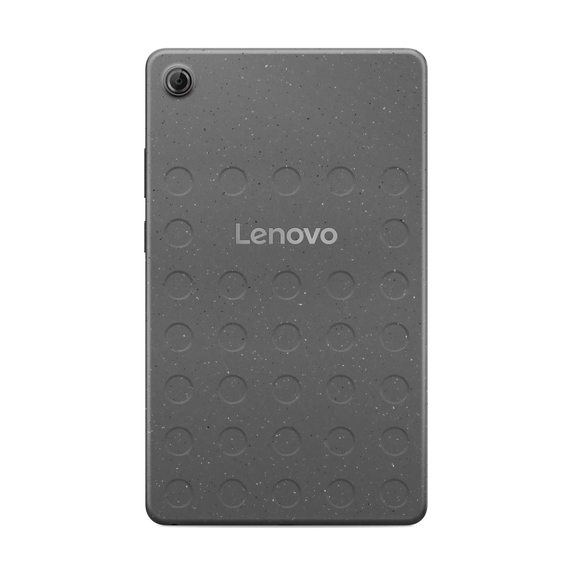 Tablet Lenovo gris con cámara y patrón circular en la parte trasera.
