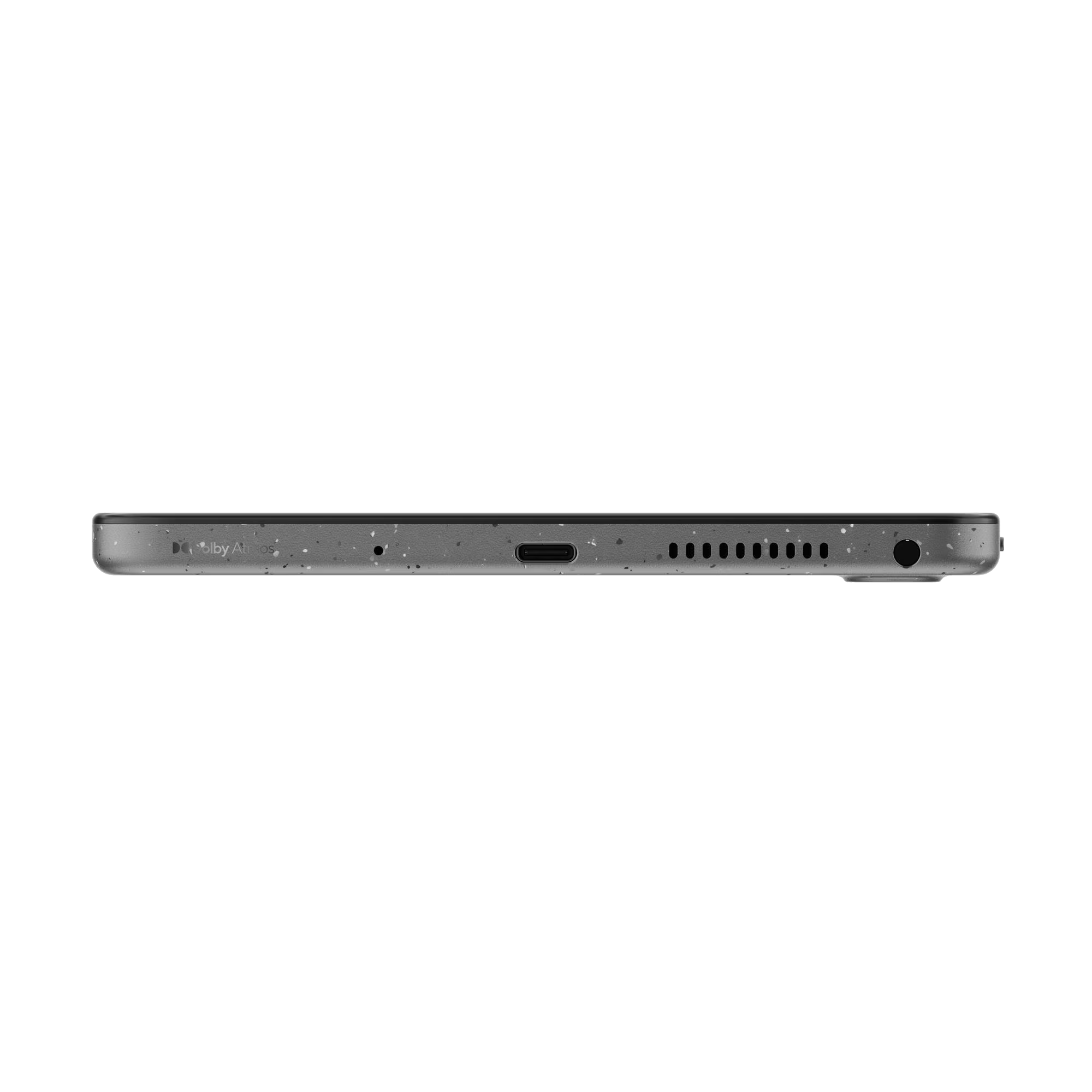 Vista lateral de un smartphone gris con logo Dolby Atmos, puerto USB-C y rejillas de altavoz.