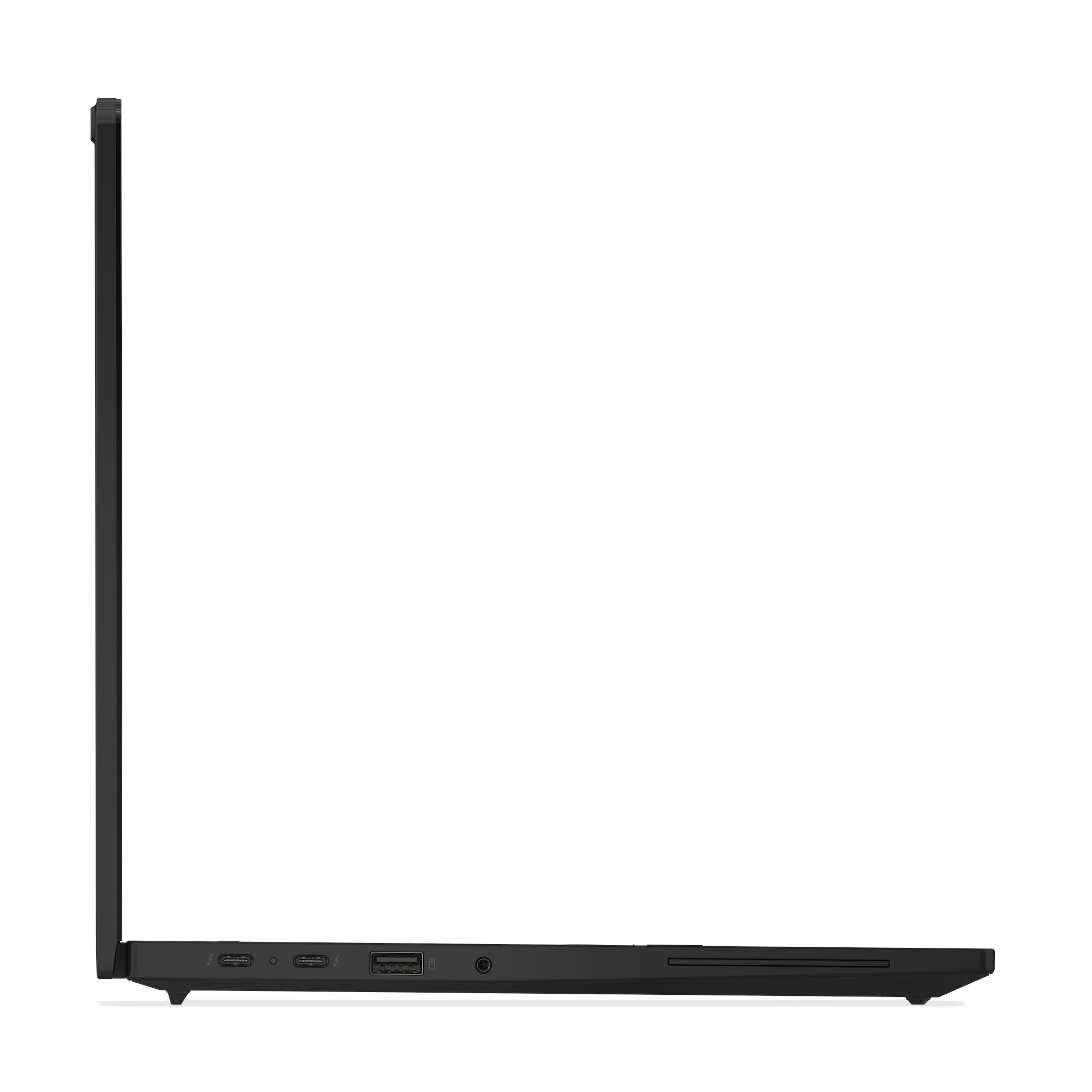 Vista lateral de un portátil negro mostrando puertos USB-C y USB-A.