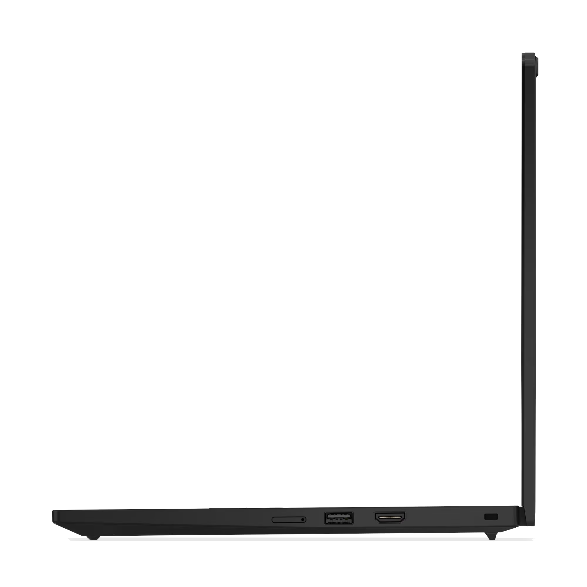 Portátil negro de perfil con puertos USB y HDMI visibles.
