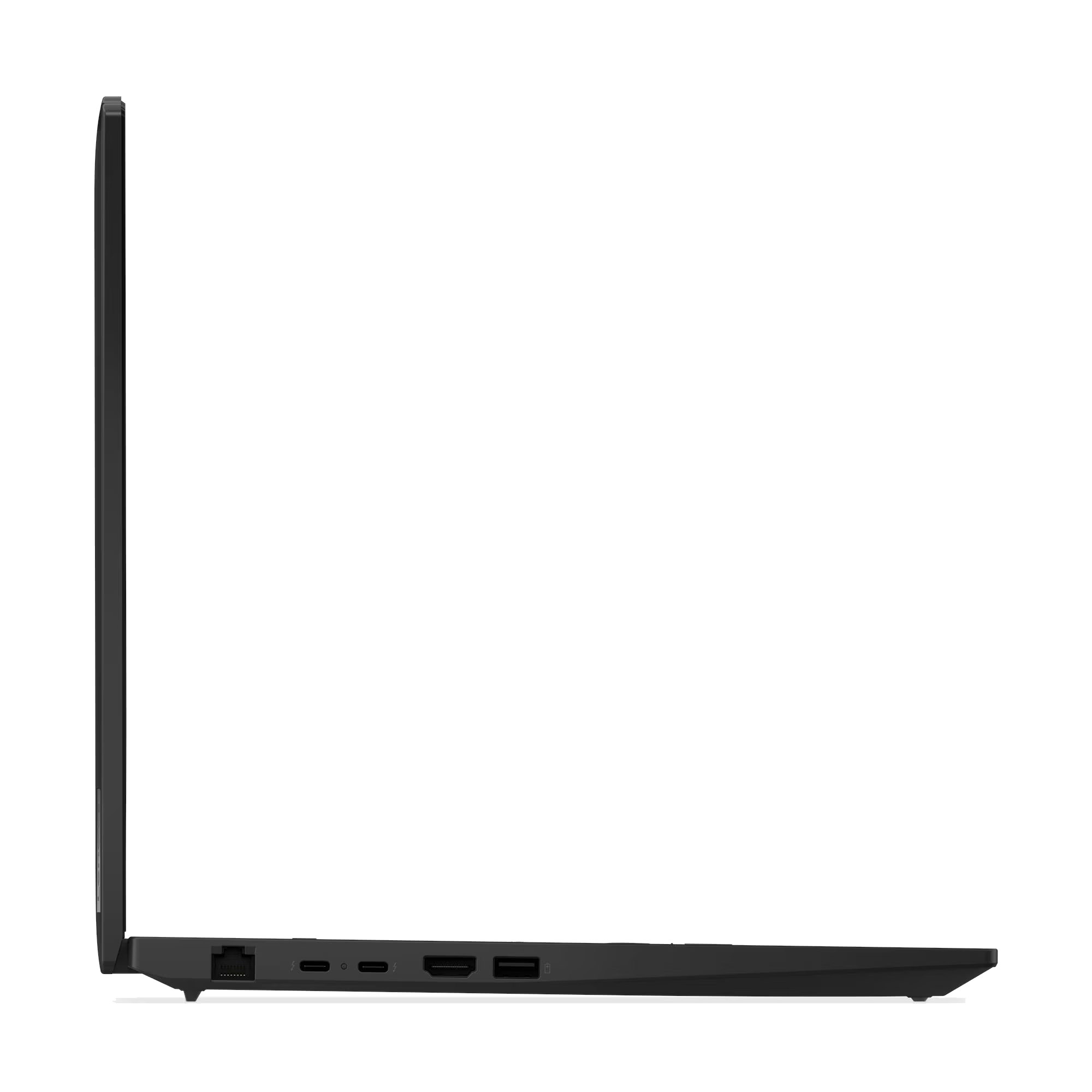 Portátil negro de perfil mostrando puertos: Ethernet, USB-C, HDMI.