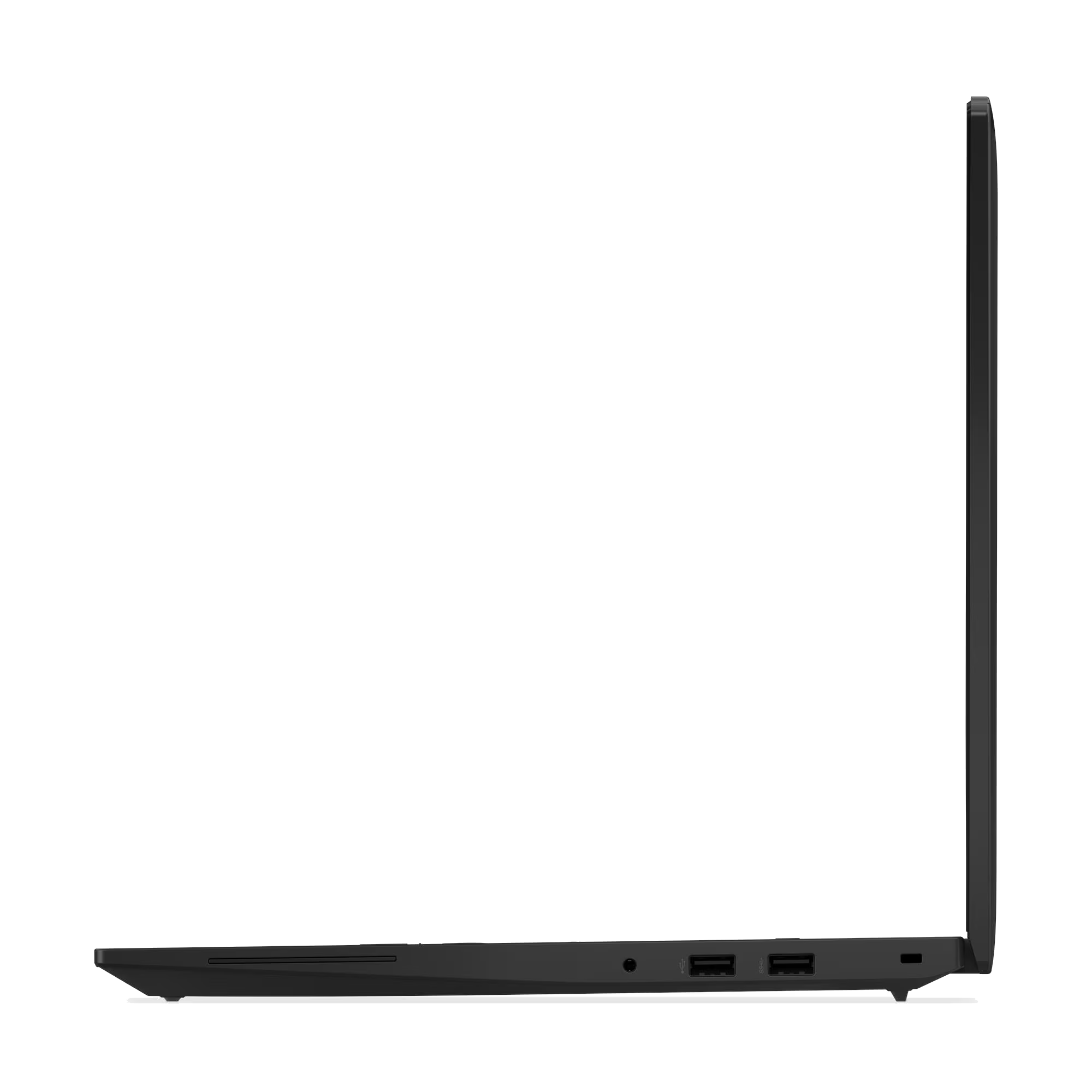 Portátil negro de perfil lateral mostrando puertos USB y una ranura para tarjeta SD.