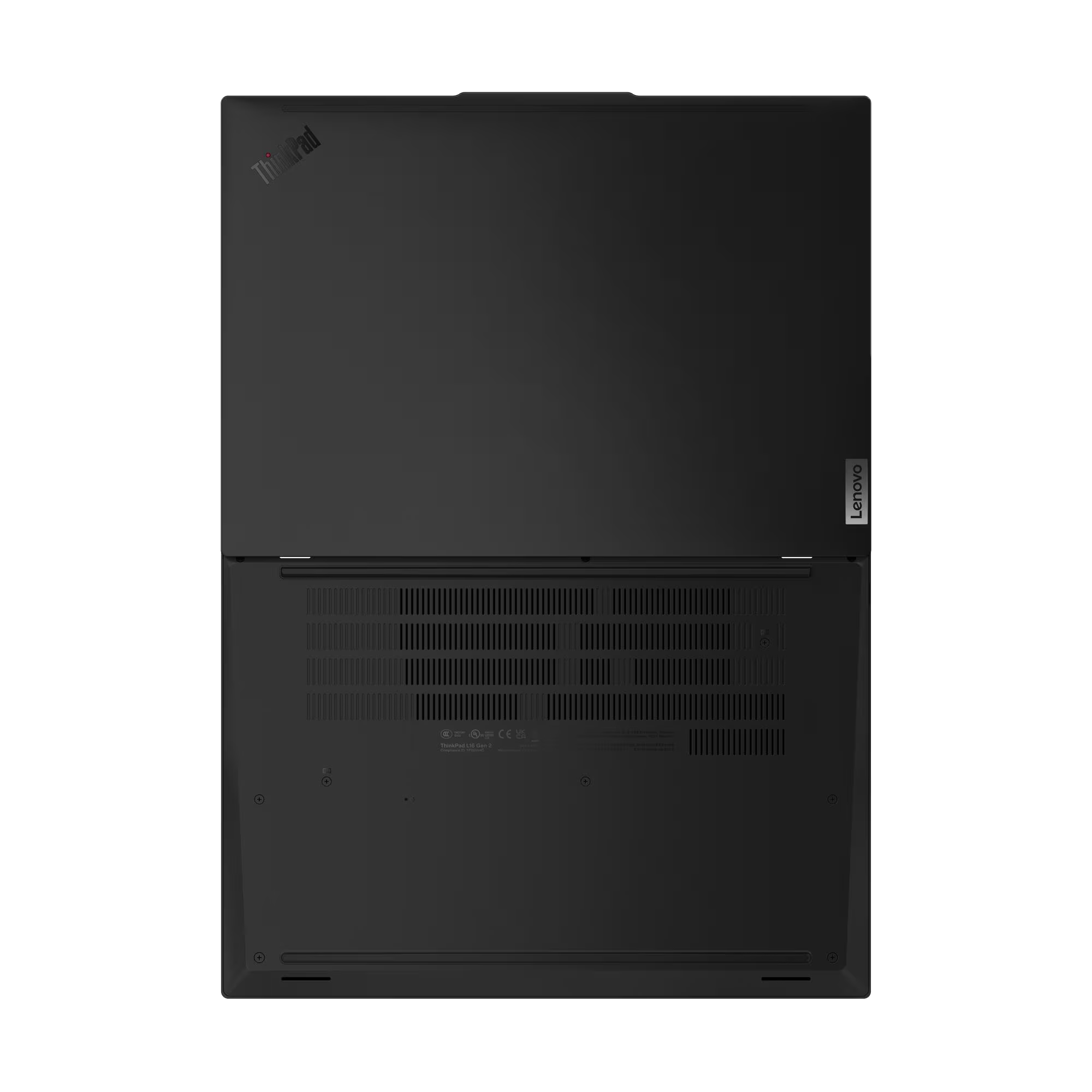 Parte inferior de un portátil negro Lenovo ThinkPad L16 Gen 2 con rejillas de ventilación.