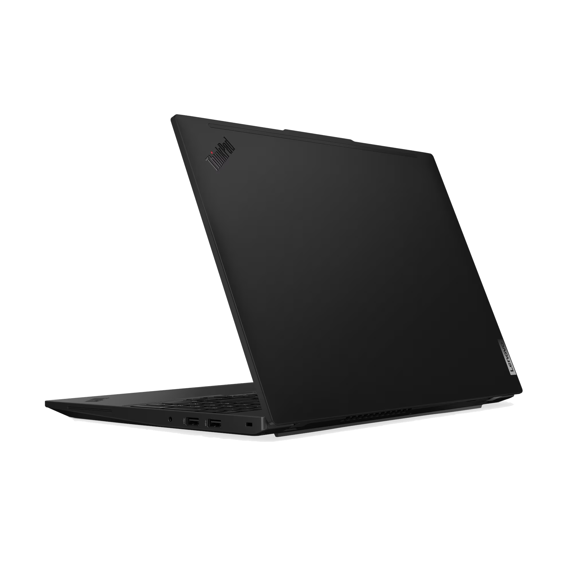Portátil negro con logo ThinkPad, abierto desde vista lateral.