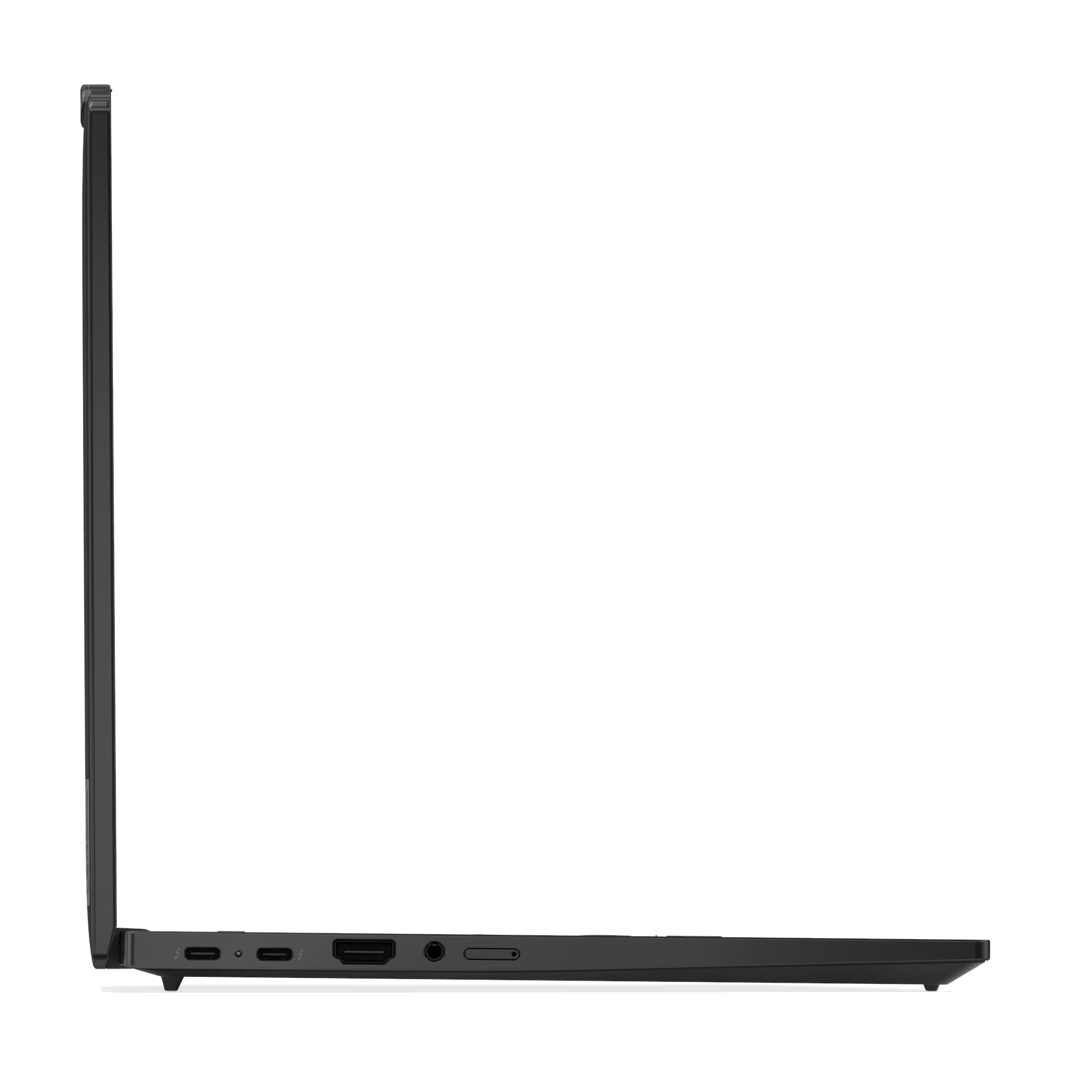 Lado de puertos de portátil negro con USB-C, HDMI y conector de audio.