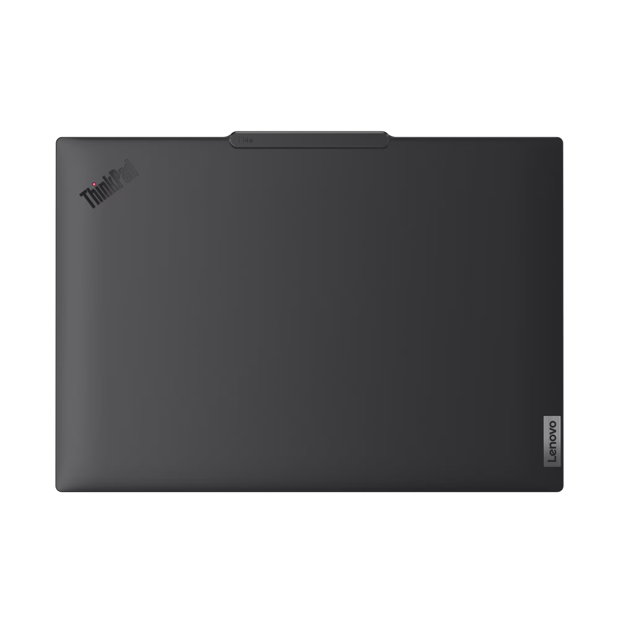 Portátil oscuro cerrado con logo ThinkPad y texto Lenovo.
