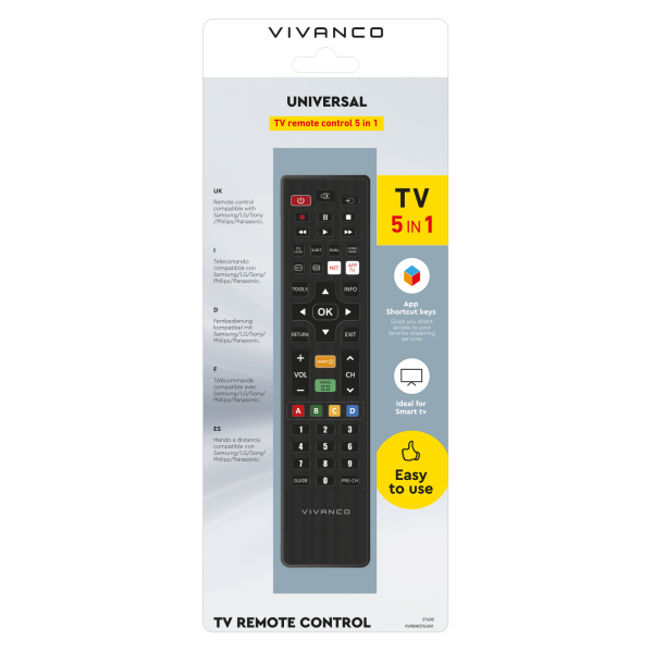 Opakowanie z uniwersalnym pilotem do telewizora, kompatybilnym z wieloma markami.