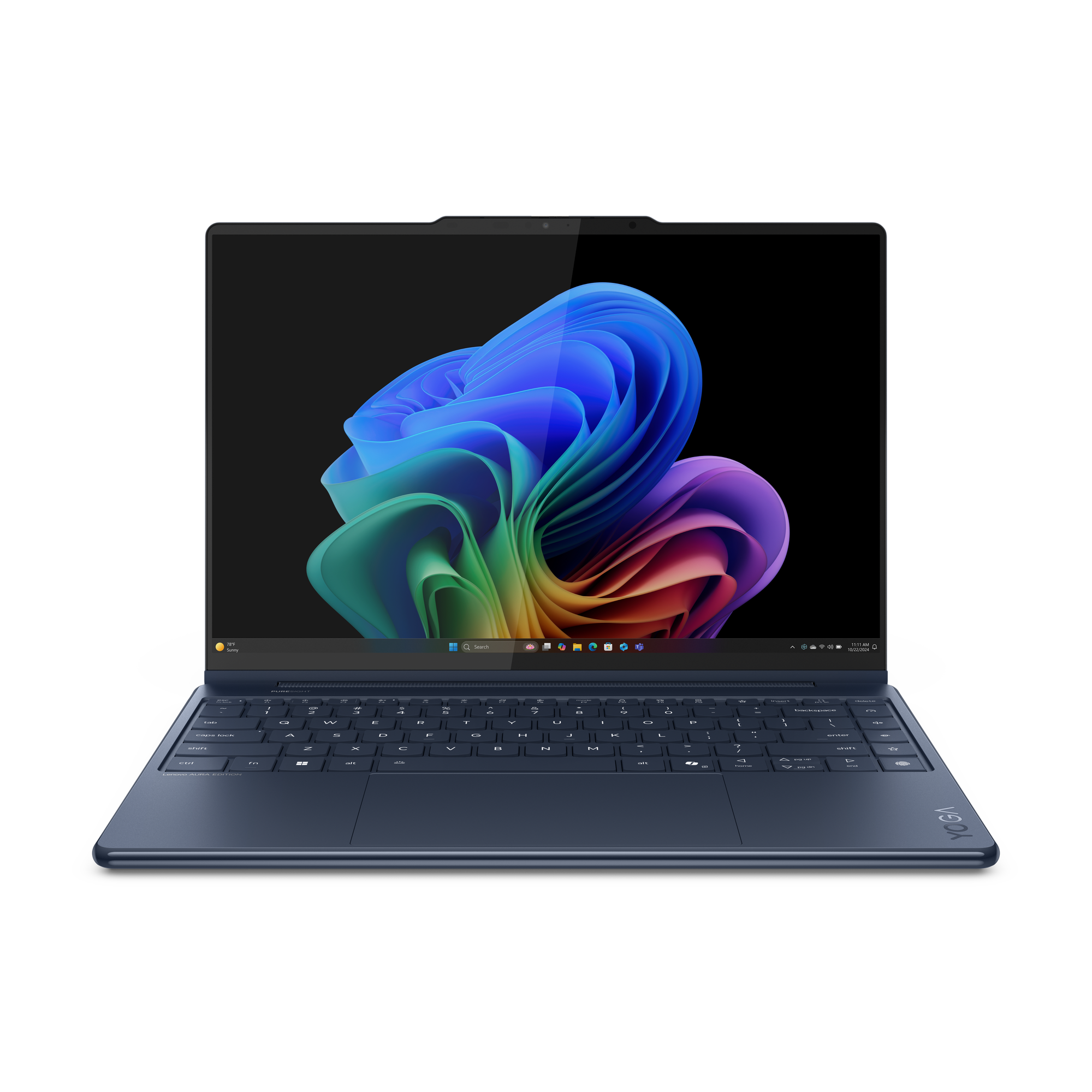 Ein dunkelblaues Lenovo Yoga Laptop mit einem bunten Hintergrundbild.