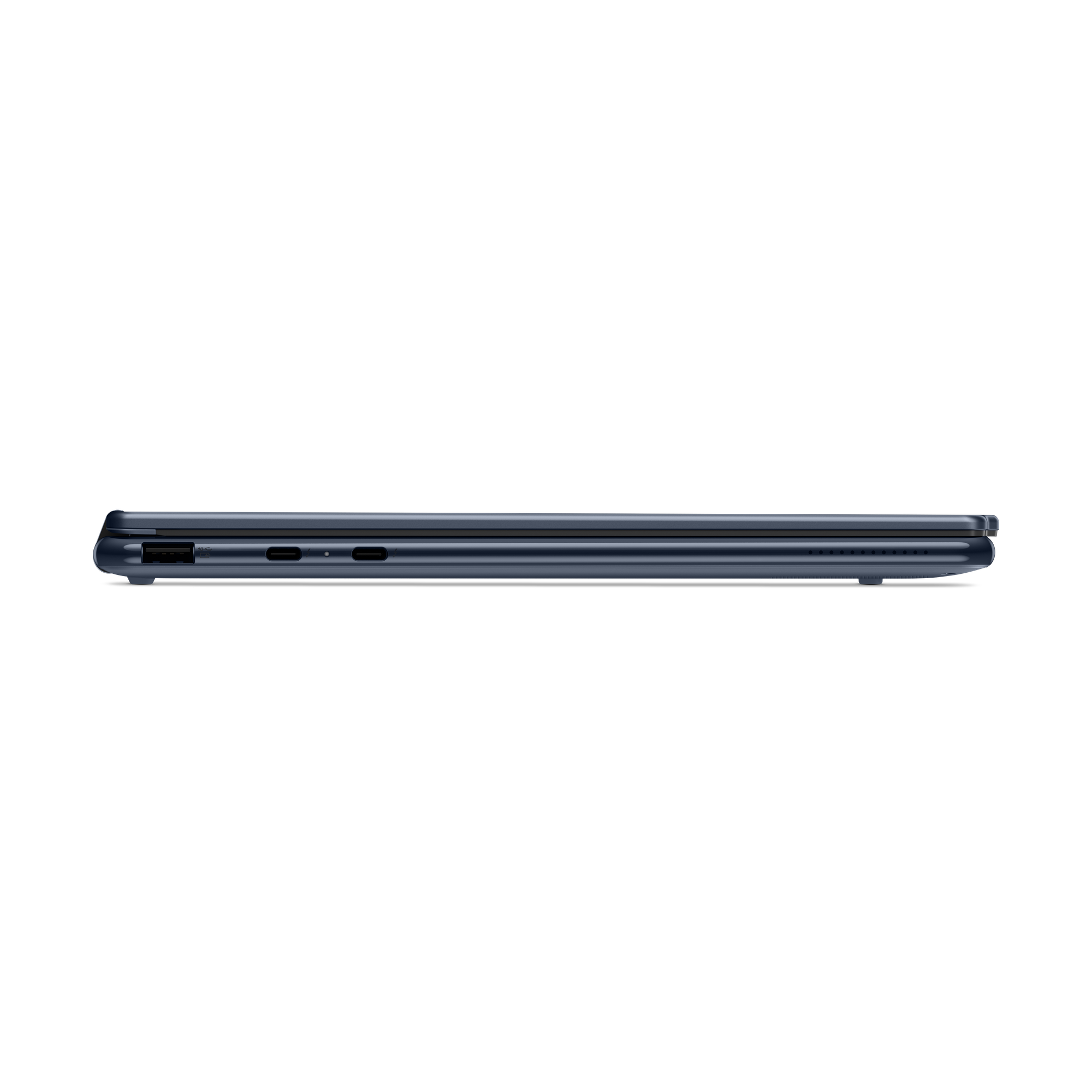 Dunkelblaues Laptop-Profil mit USB-C-Anschlüssen und Lüftungsschlitzen.