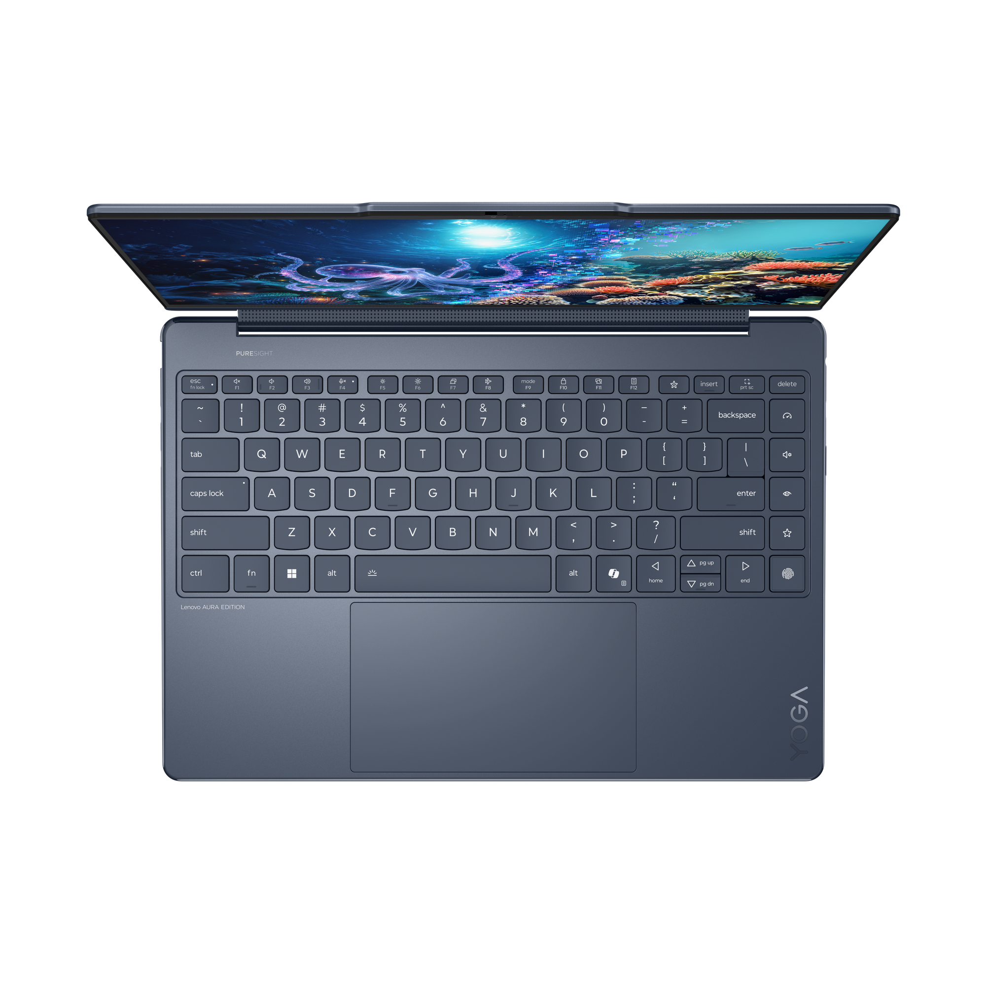 Draufsicht eines offenen blauen Laptops mit Unterwasser-Bildschirmschoner.