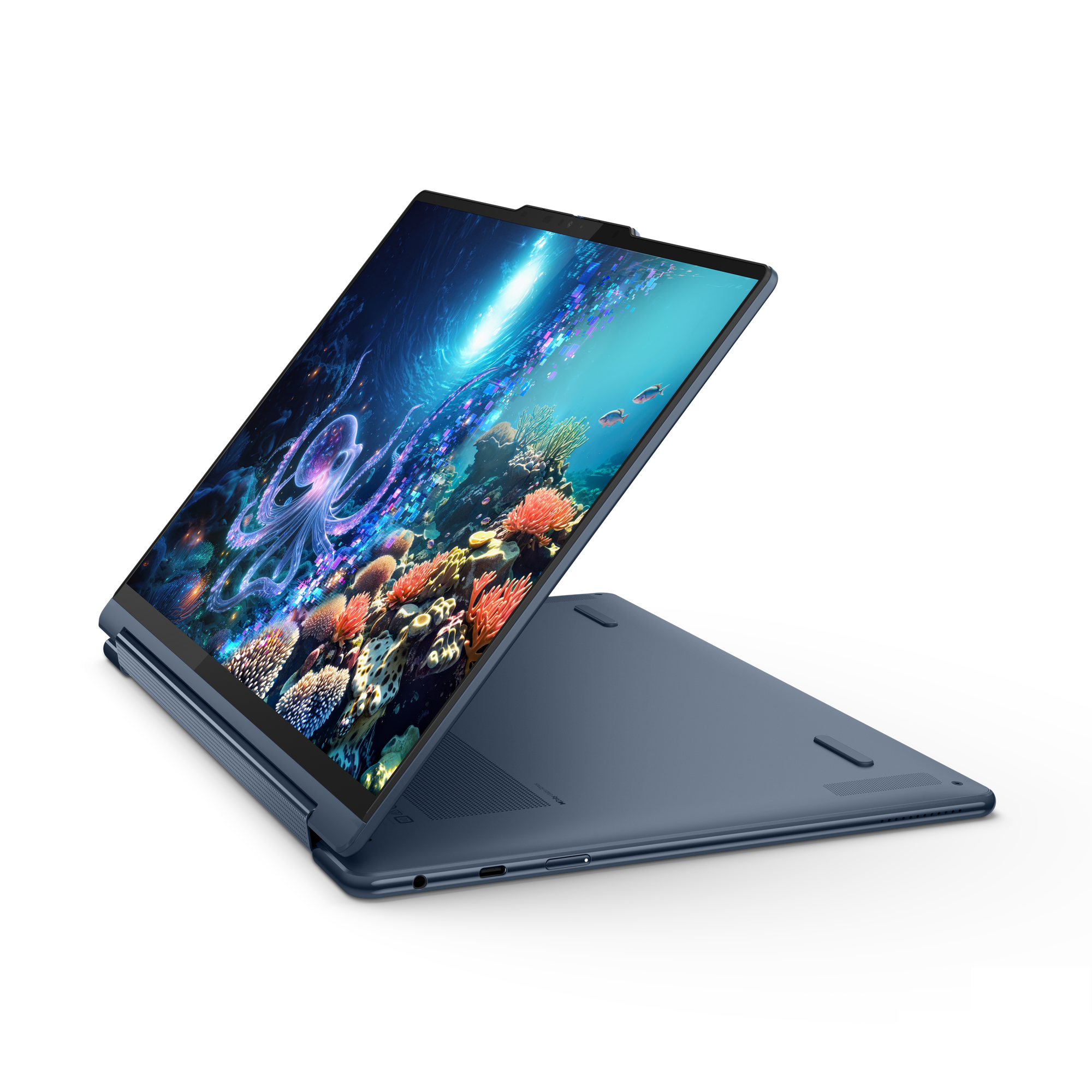 Ein geöffneter blauer Laptop zeigt ein Unterwasserbild mit einem Oktopus.
