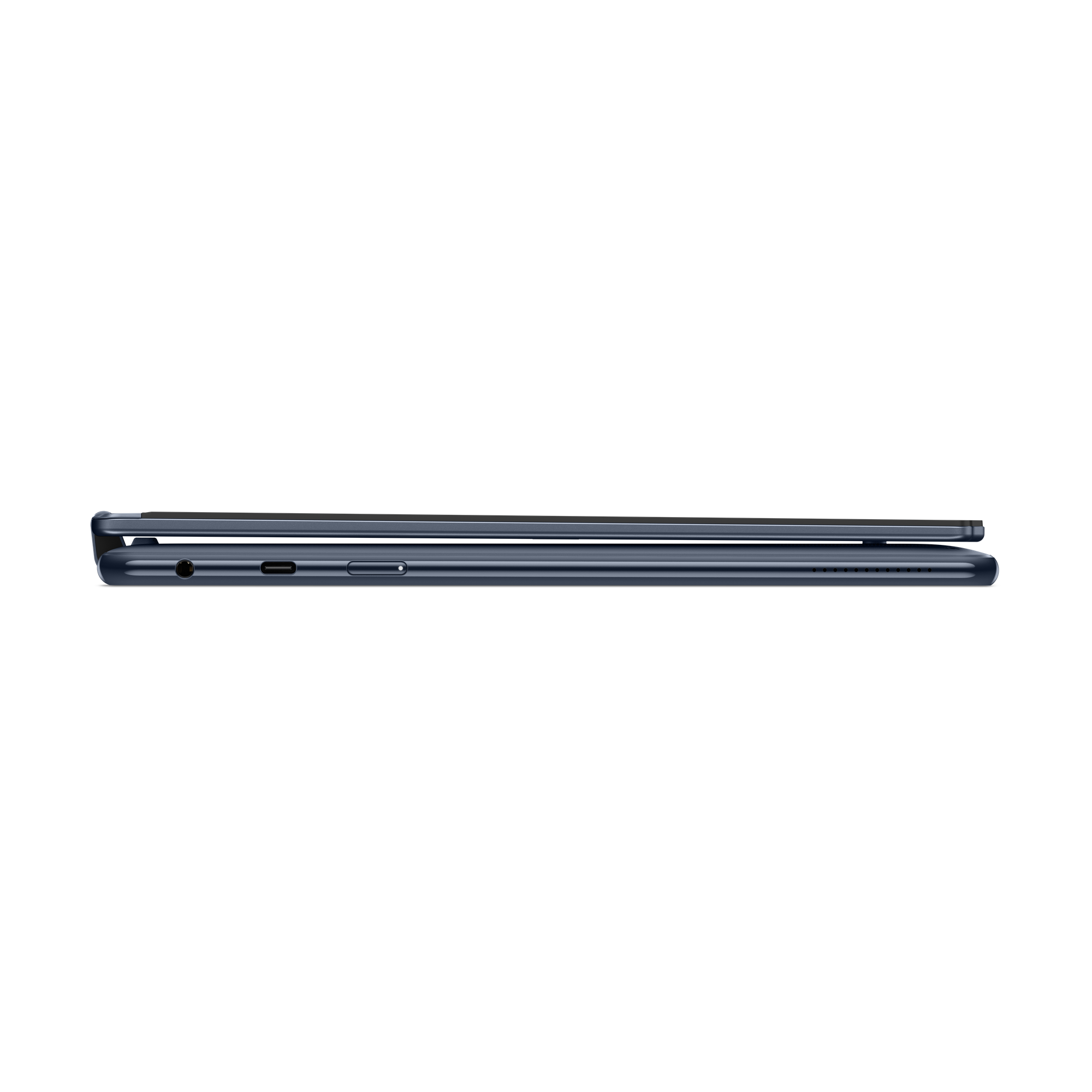 Dunkelblaue Smartphone-Seite mit Anschlüssen: Kopfhörerbuchse, USB-C, Lautstärketaste.