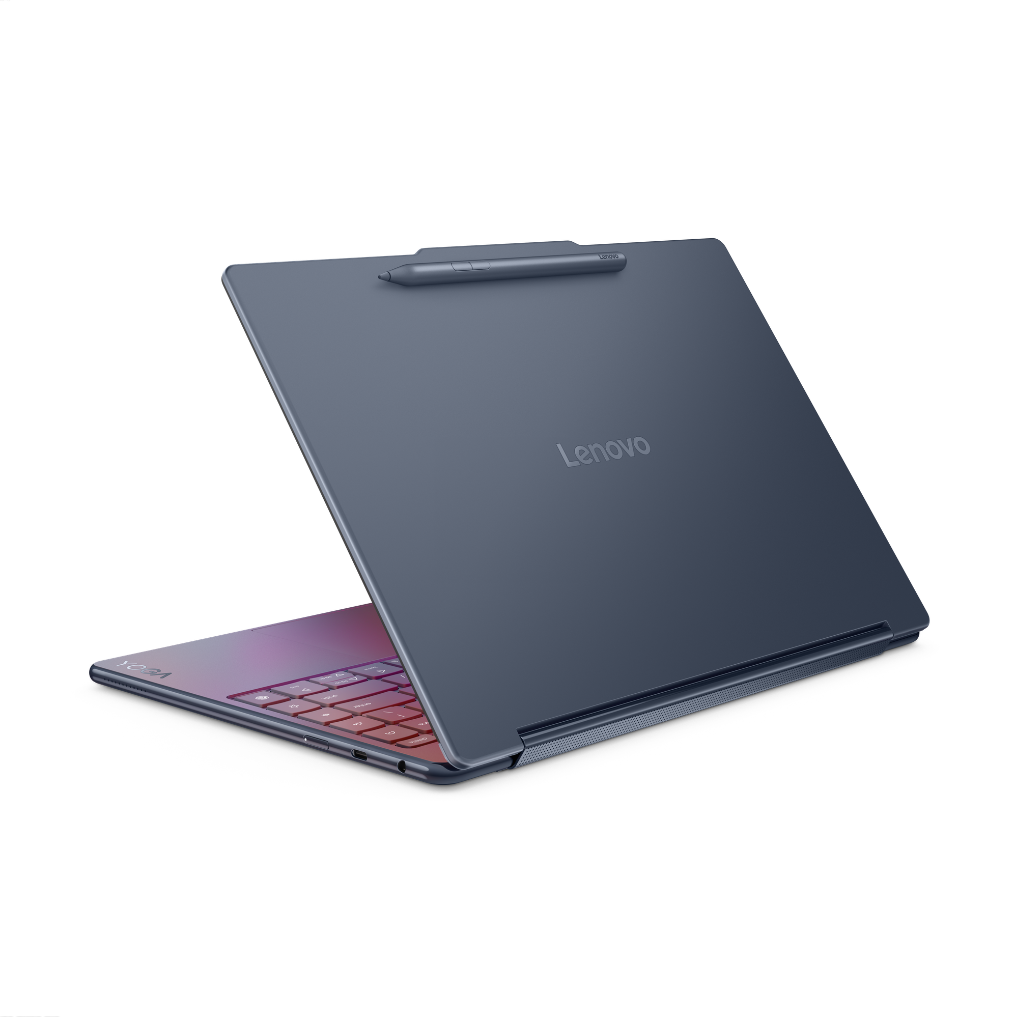 Ein blauer Lenovo Yoga Laptop mit Stift, auf schwarzem Hintergrund.