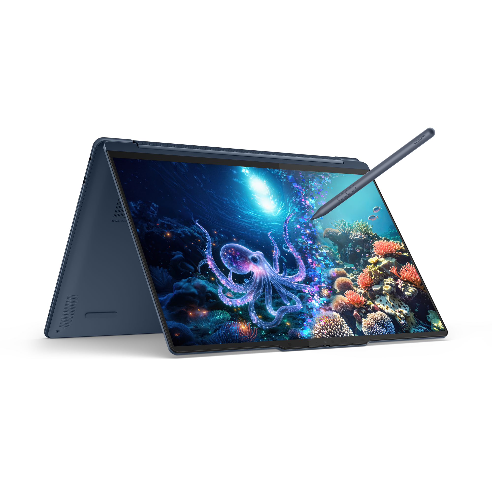 Ein blaues Laptop mit einem Stift, der auf einem Ozeanbild mit Oktopus und Korallen zeichnet.