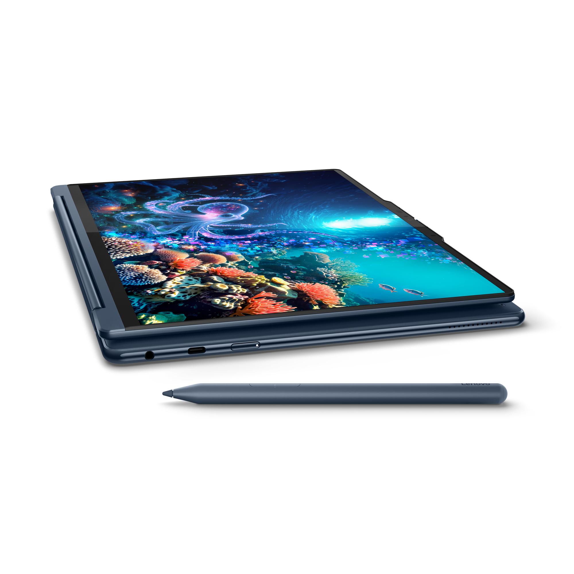 Ein blaues Tablet mit Stift, das einen Unterwasser-Bildausschnitt zeigt.
