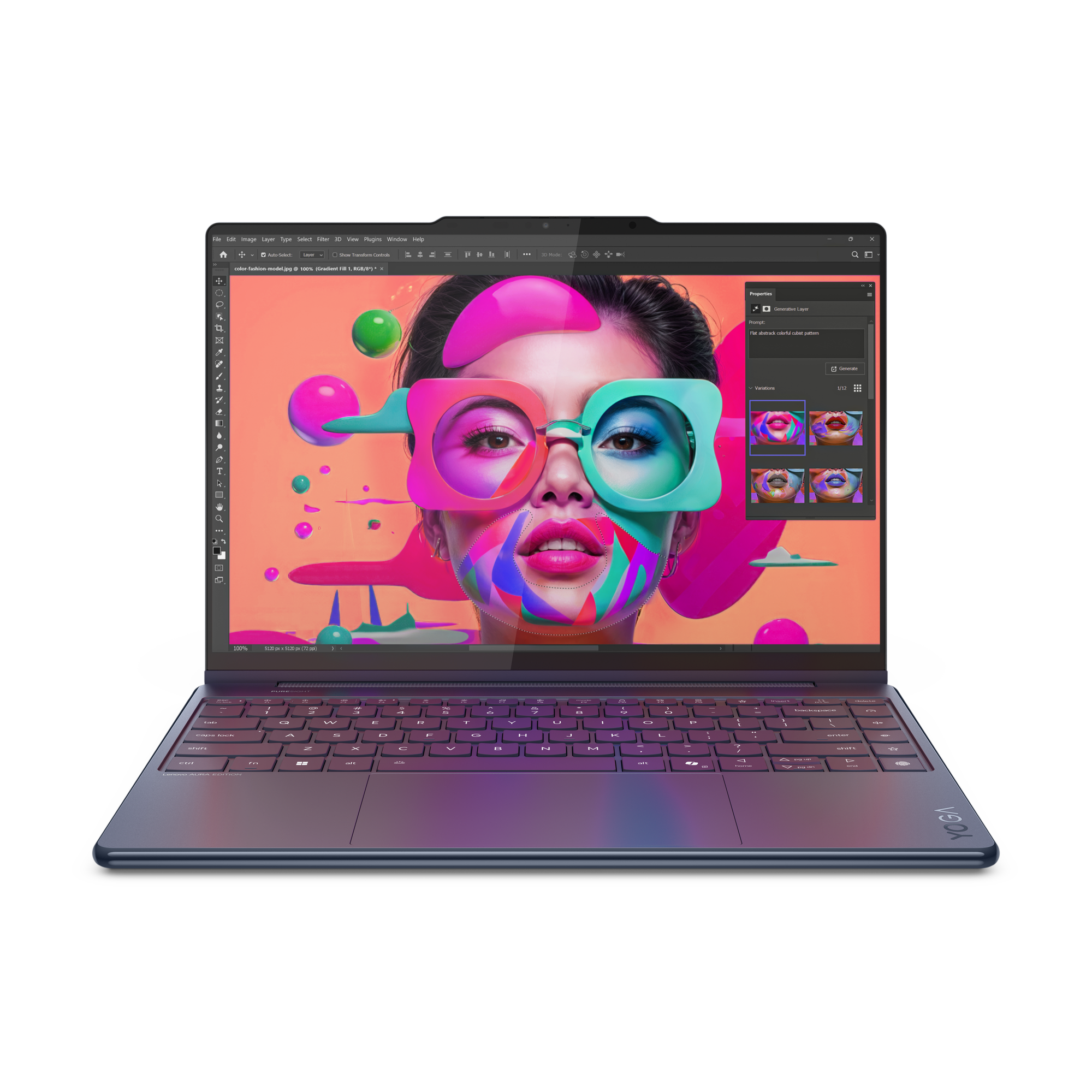 Ein Laptop zeigt ein farbenfrohes Bild einer Frau mit surrealen Brillen.