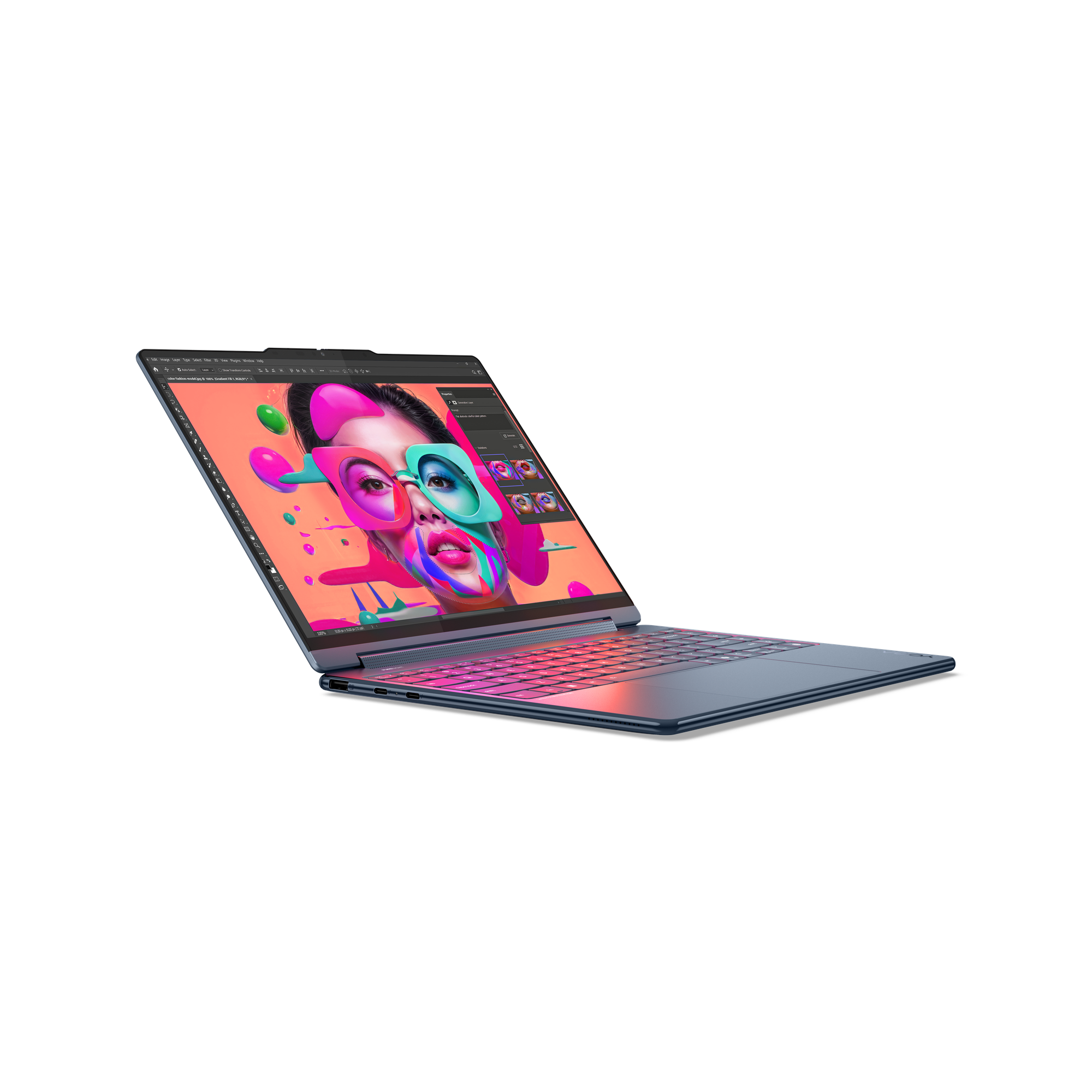 Ein Laptop zeigt ein farbenfrohes digitales Porträt mit übertriebenen Brillen.