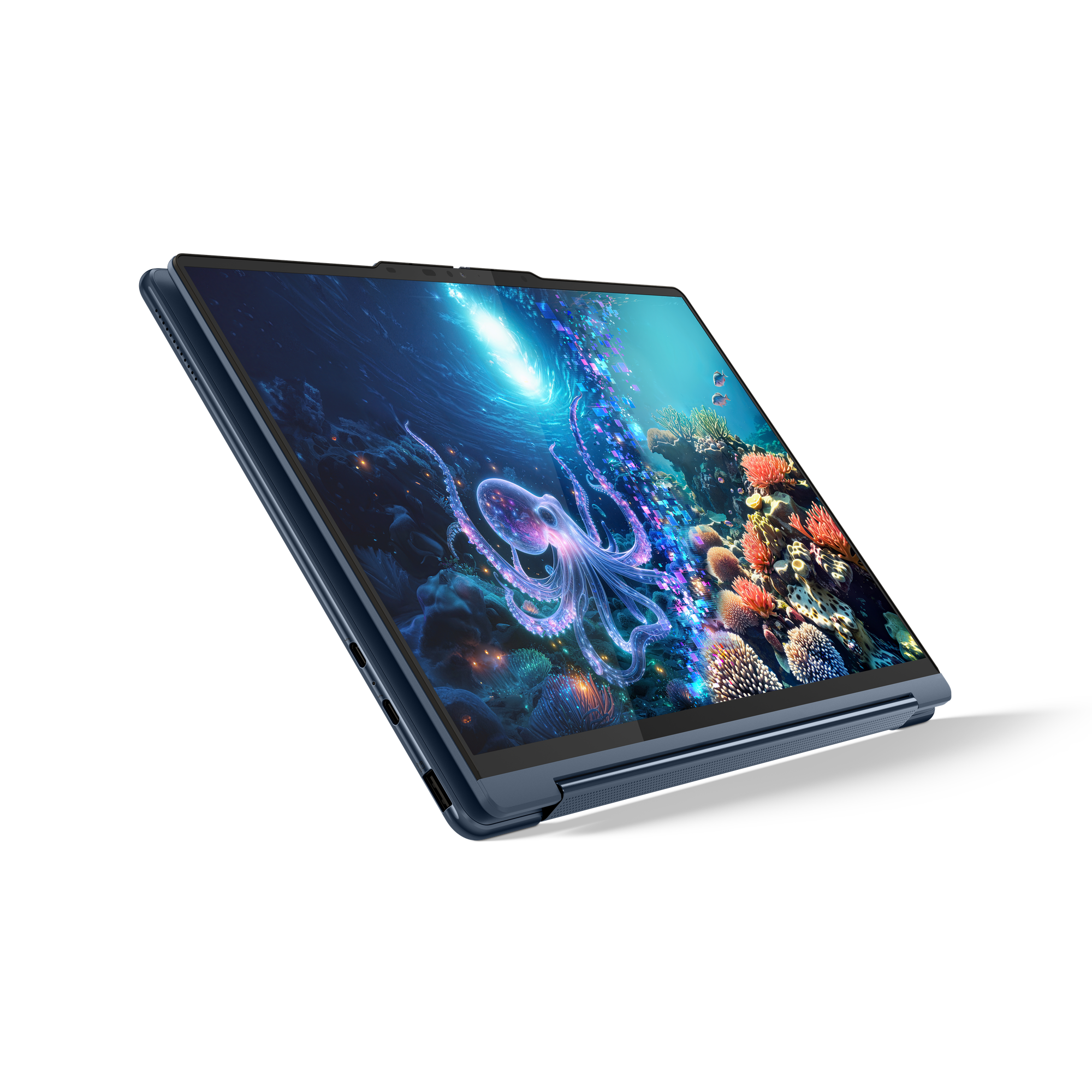 Blaues Tablet zeigt einen Oktopus im Korallenriff, mit Fischen und digitalen Effekten.