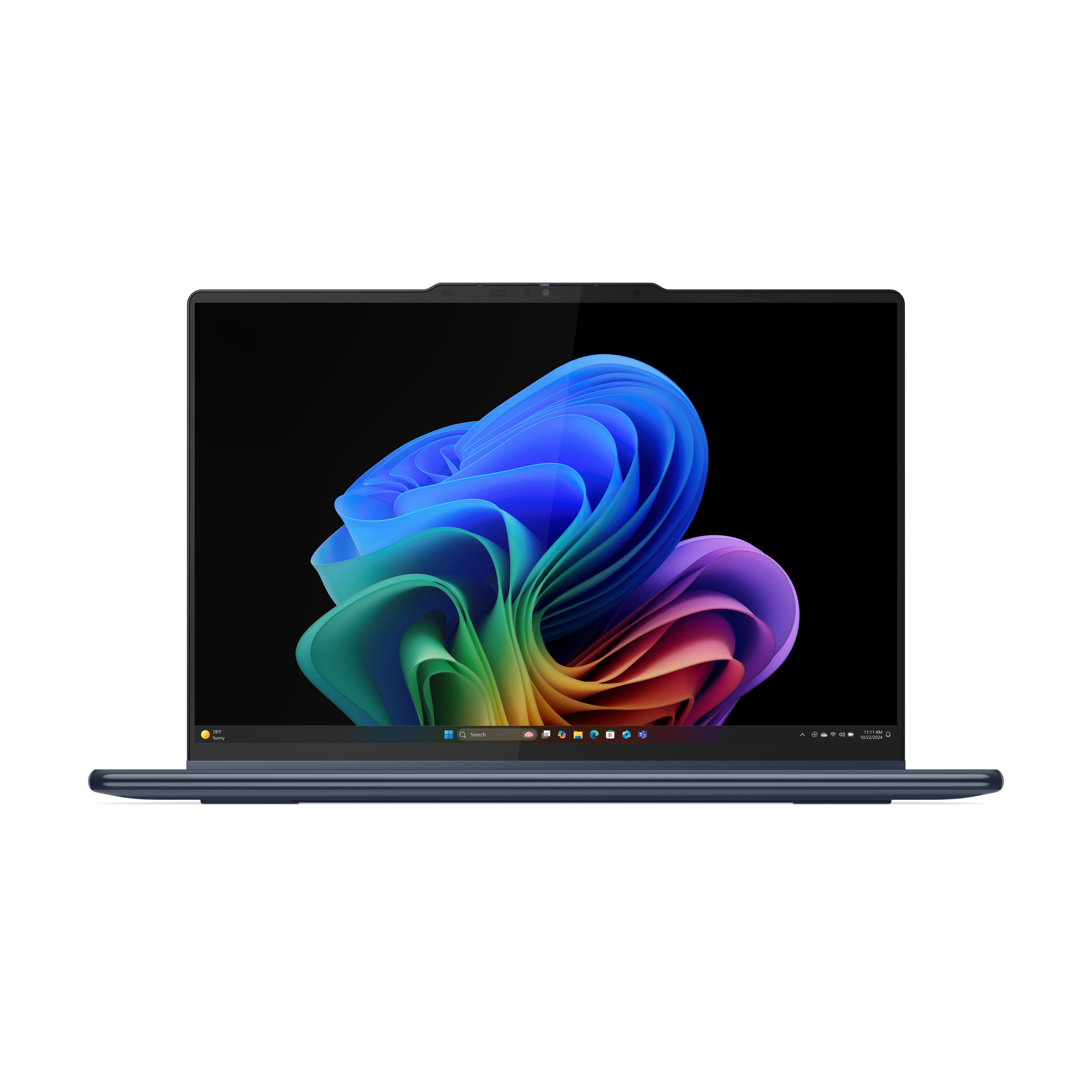 Ein blauer Laptop mit einem bunten Hintergrundbild und einer Taskleiste.