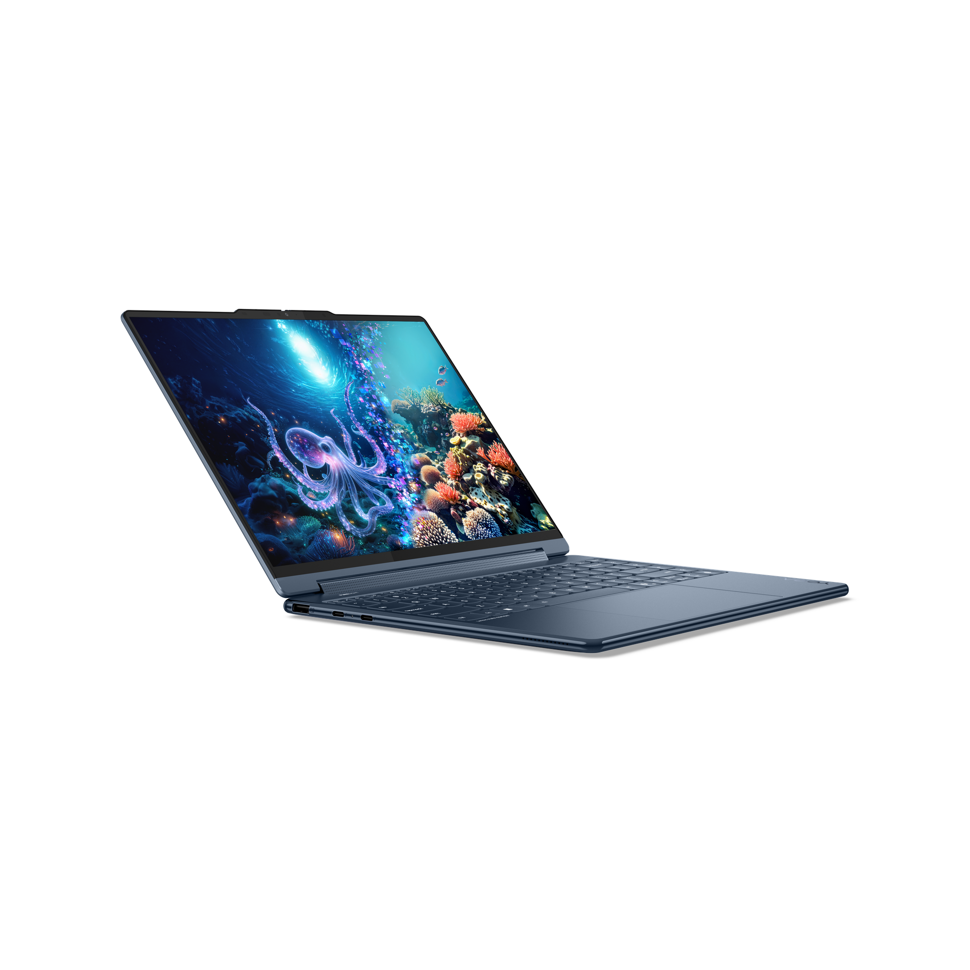 Blauer Laptop zeigt ein Unterwasserbild mit einem Oktopus und Korallen.