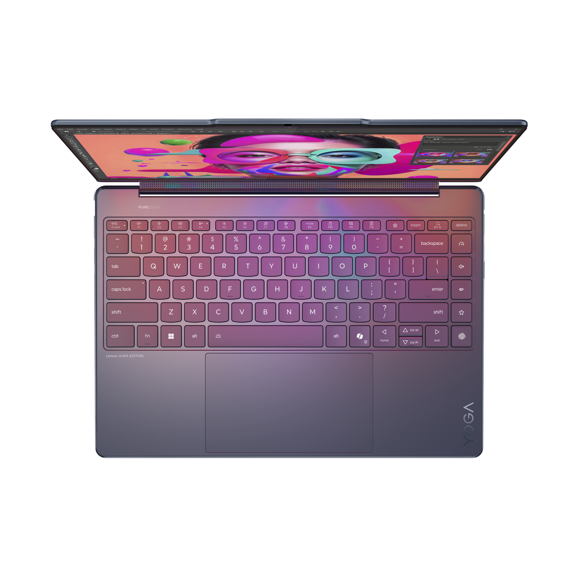 Ein geöffneter Laptop mit violetter Tastatur und einem bunten Bild auf dem Bildschirm.