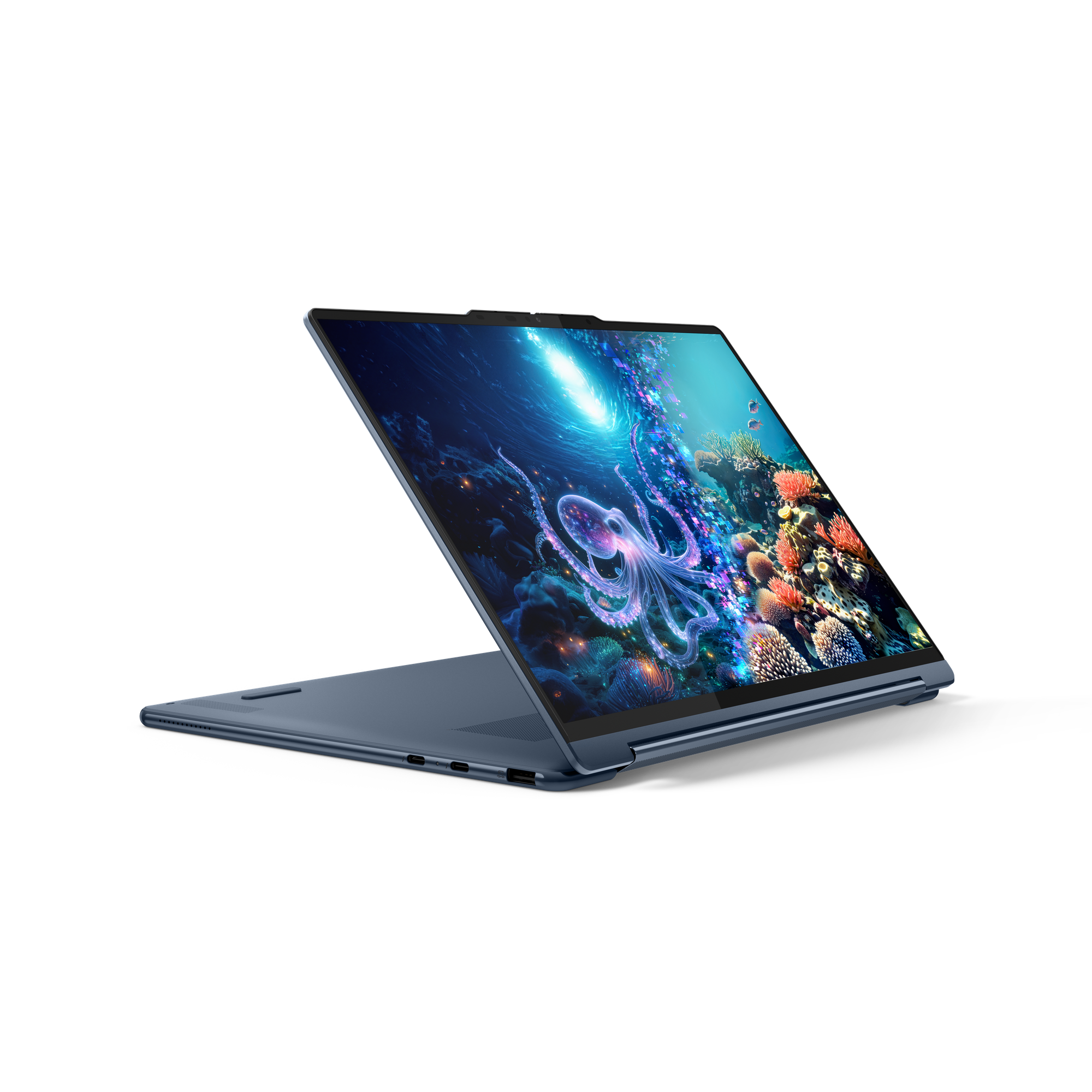 Ein blauer Laptop zeigt einen Oktopus im Korallenriff auf dem Bildschirm.