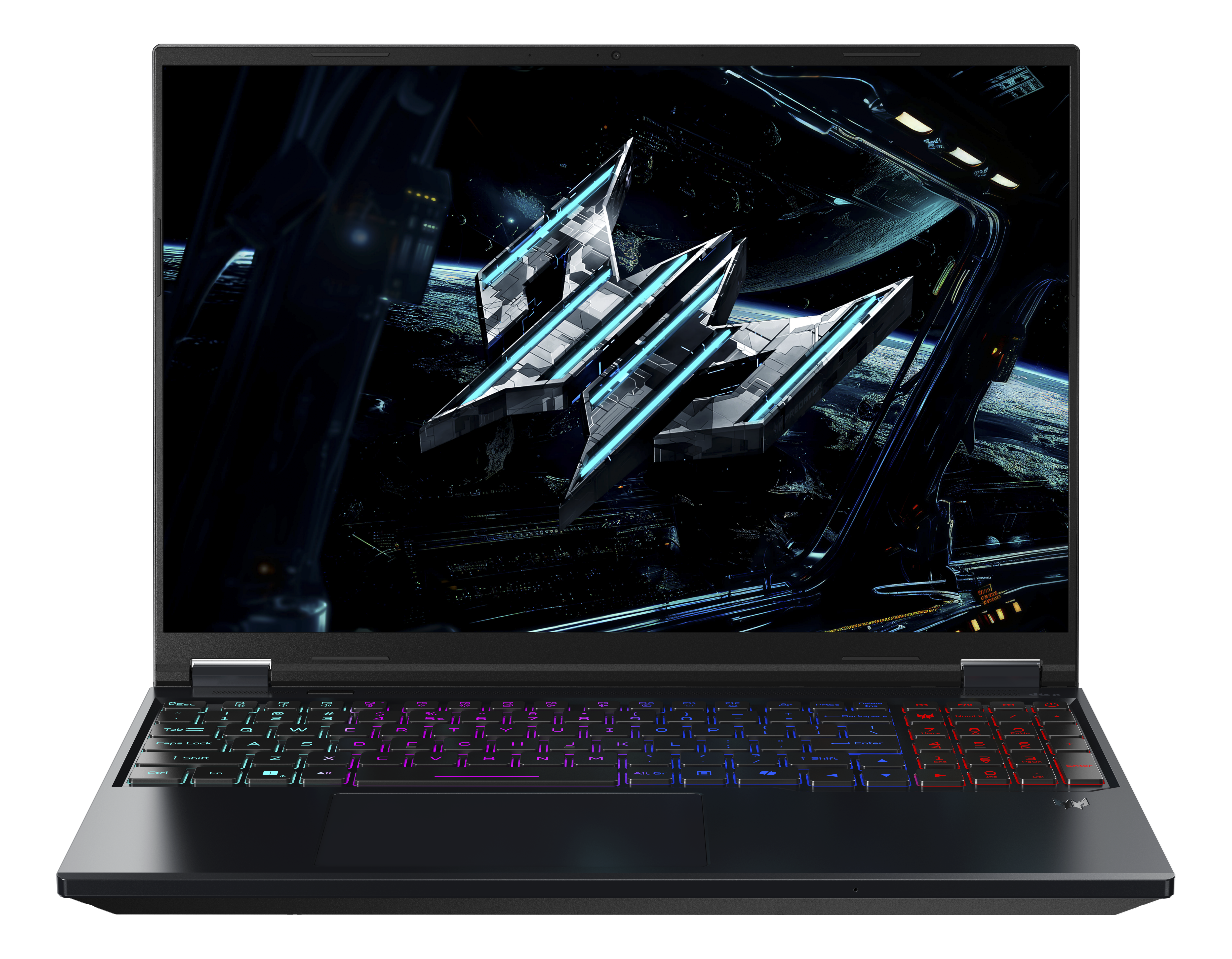 Un laptop nero con tastiera retroilluminata mostra un tema spaziale sullo schermo.