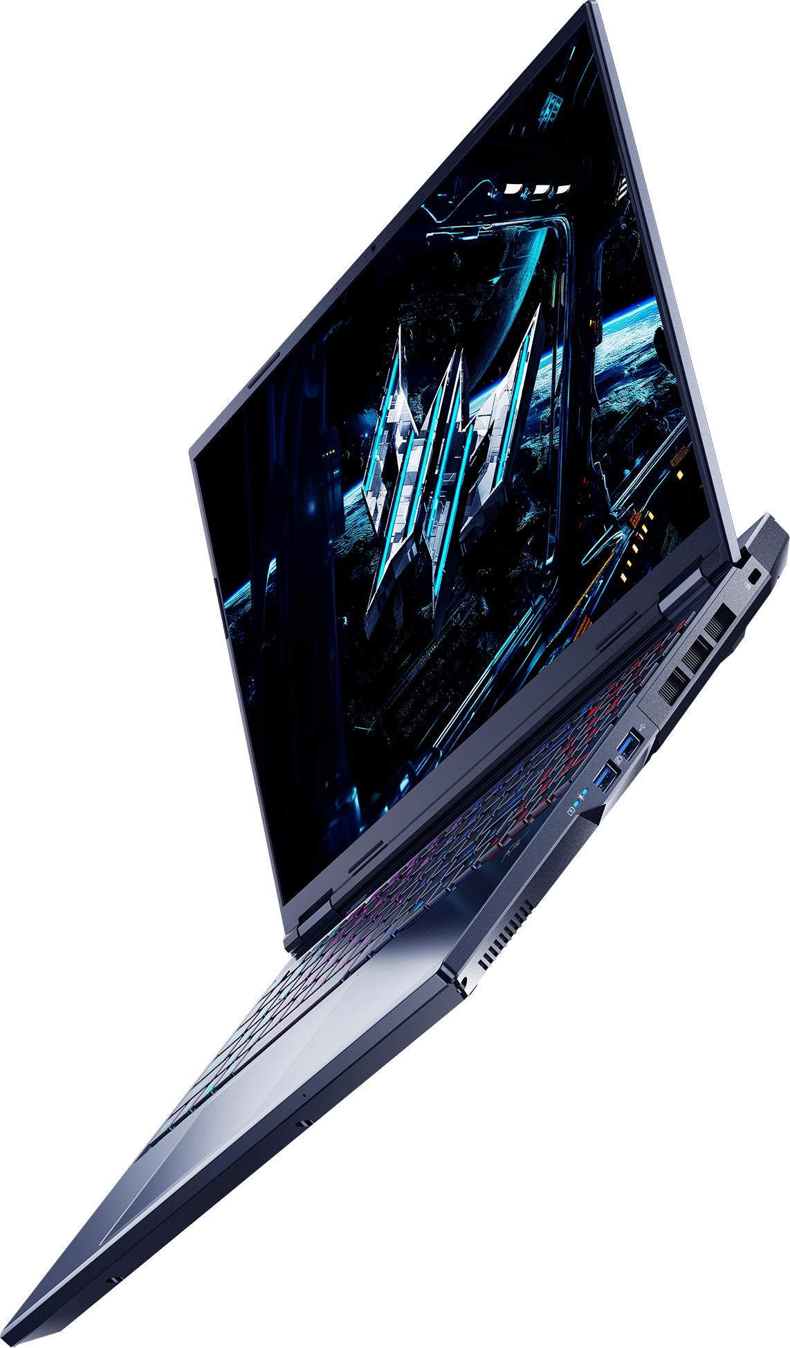 Un laptop scuro con tastiera retroilluminata e display futuristico.