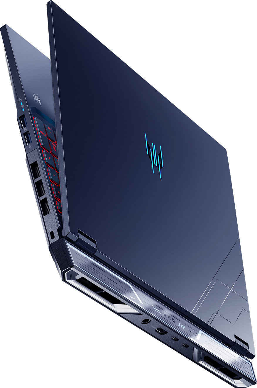 Un laptop blu scuro aperto, tastiera retroilluminata rossa, logo blu luminoso.