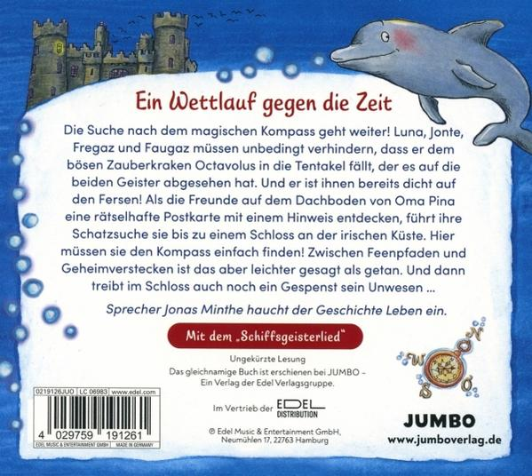 Ein Schloss, ein Delfin und ein Buchcover mit deutschem Text und einem Kompass.