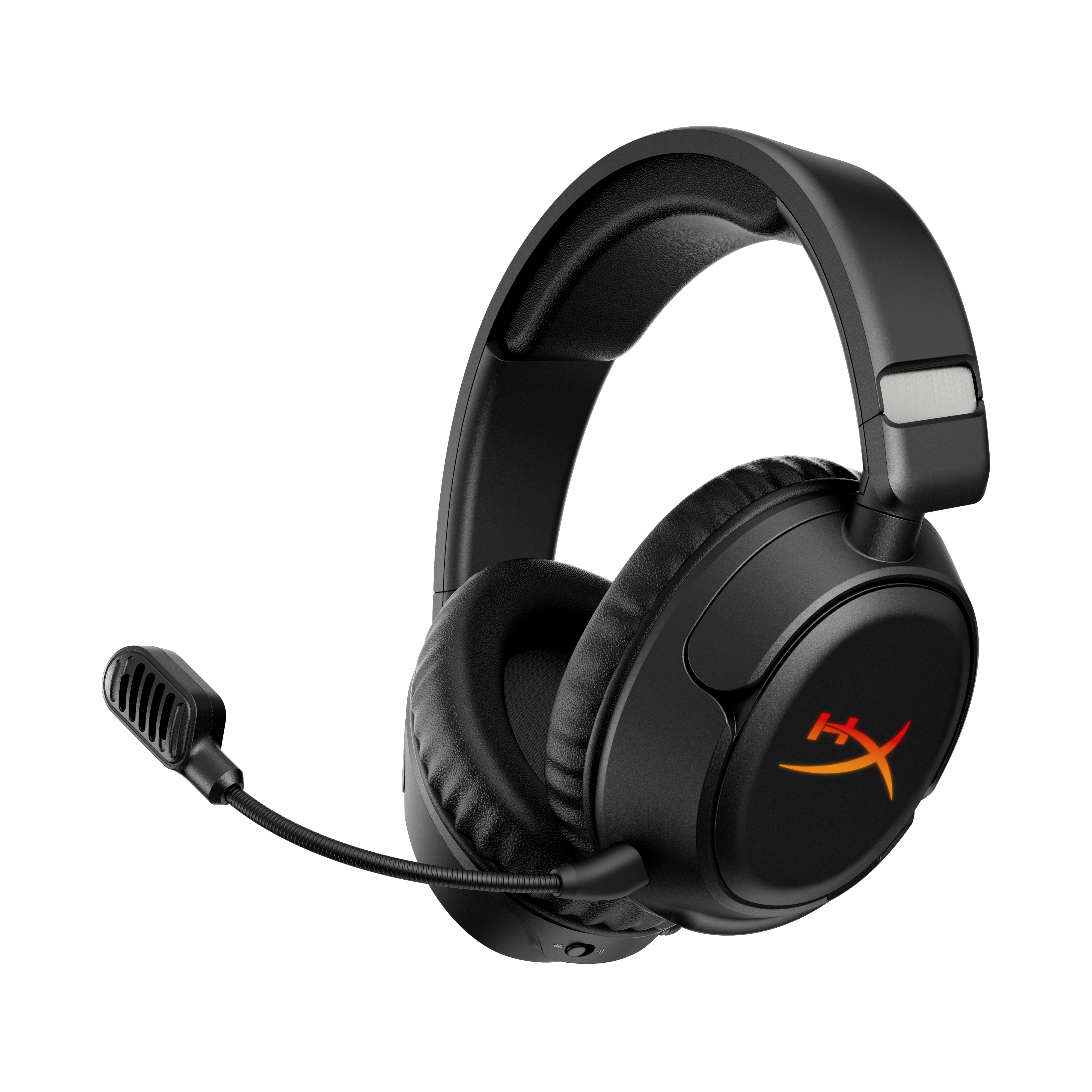 Auriculares negros con micrófono, logo rojo y almohadillas.