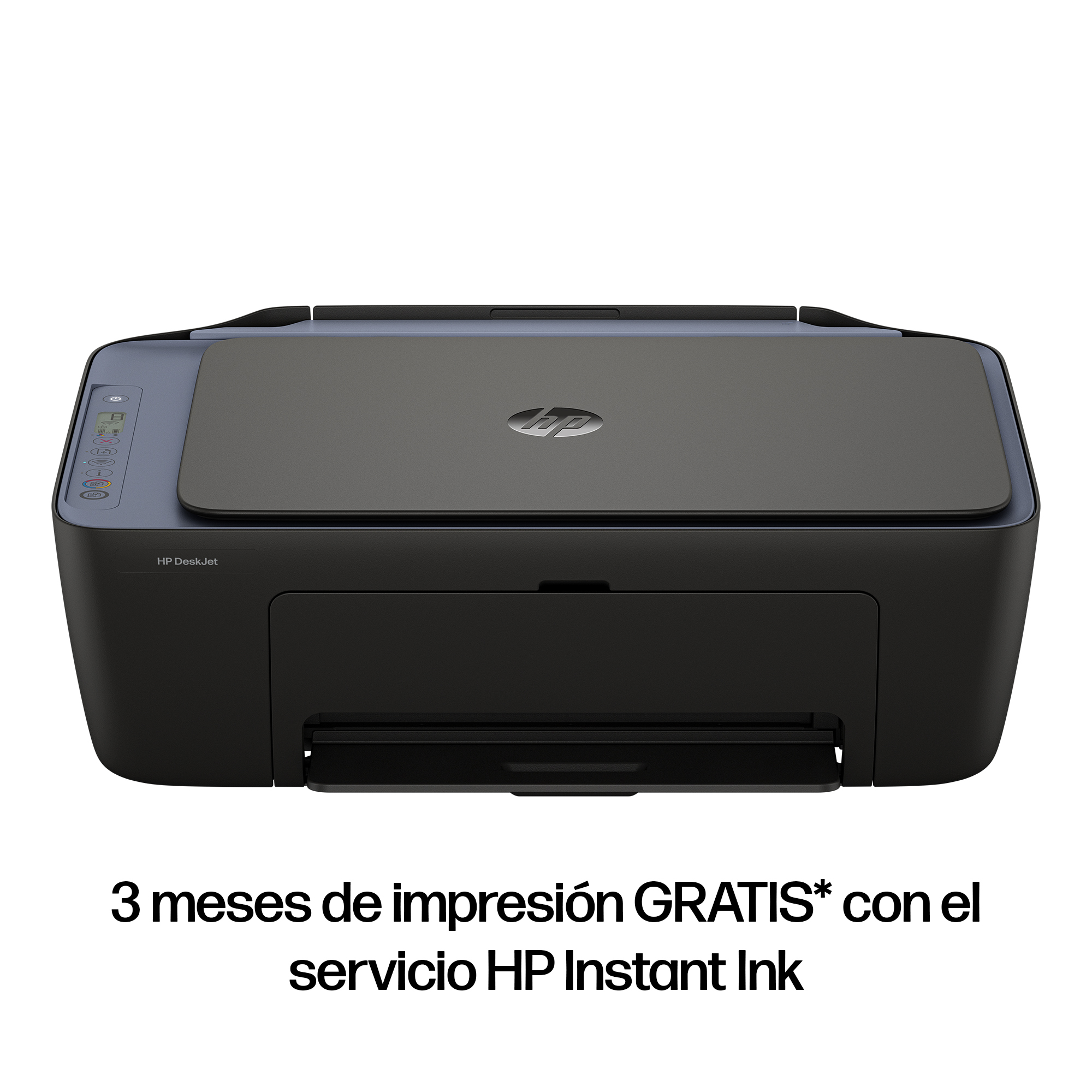 Una impresora HP DeskJet negra con acento azul y panel de control.