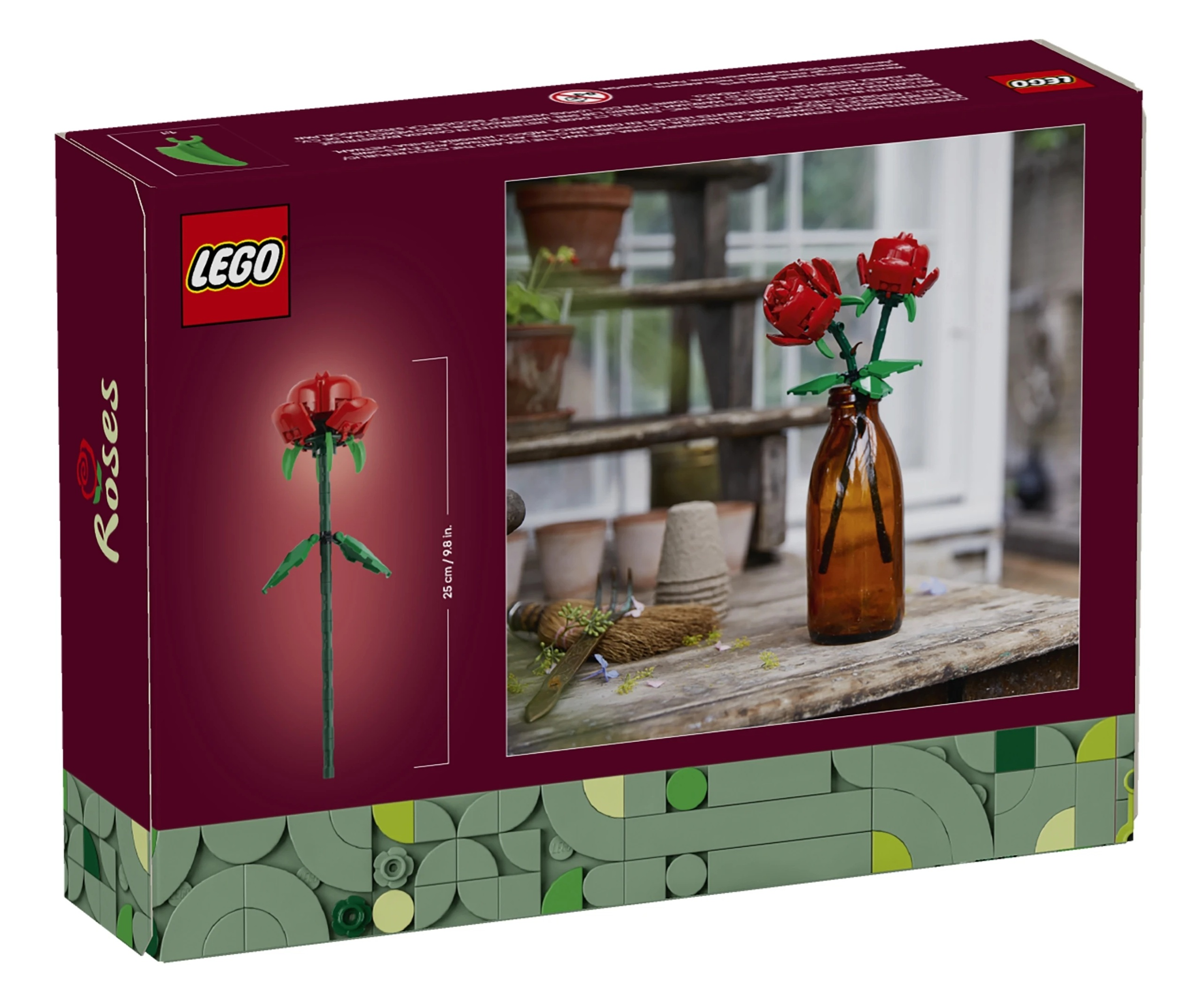 Pudełko zestawu róż Lego z modelem róży Lego i dwiema różami w butelce.