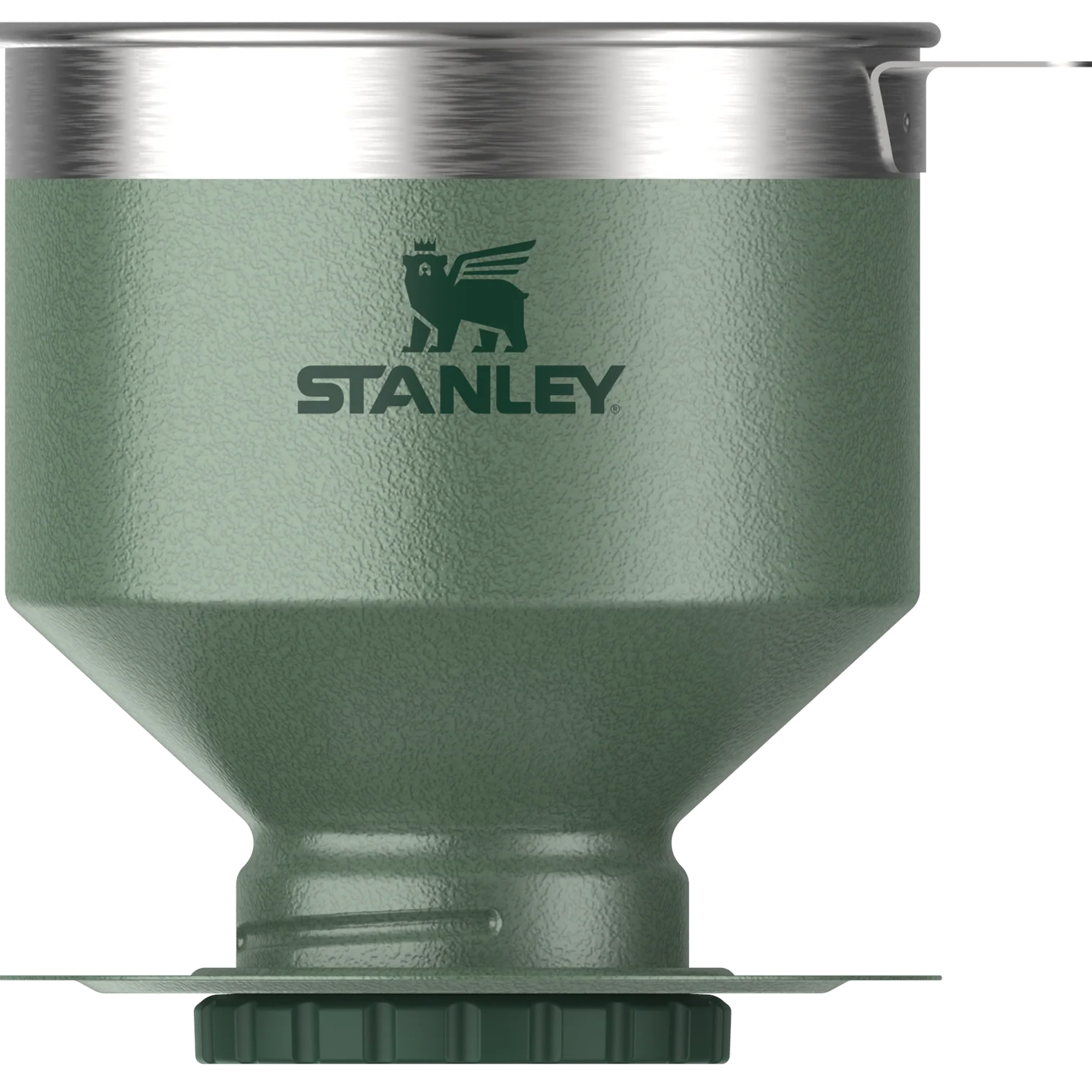 Kanatlı ayılı logo ve gümüş kenarlı yeşil Stanley termos.
