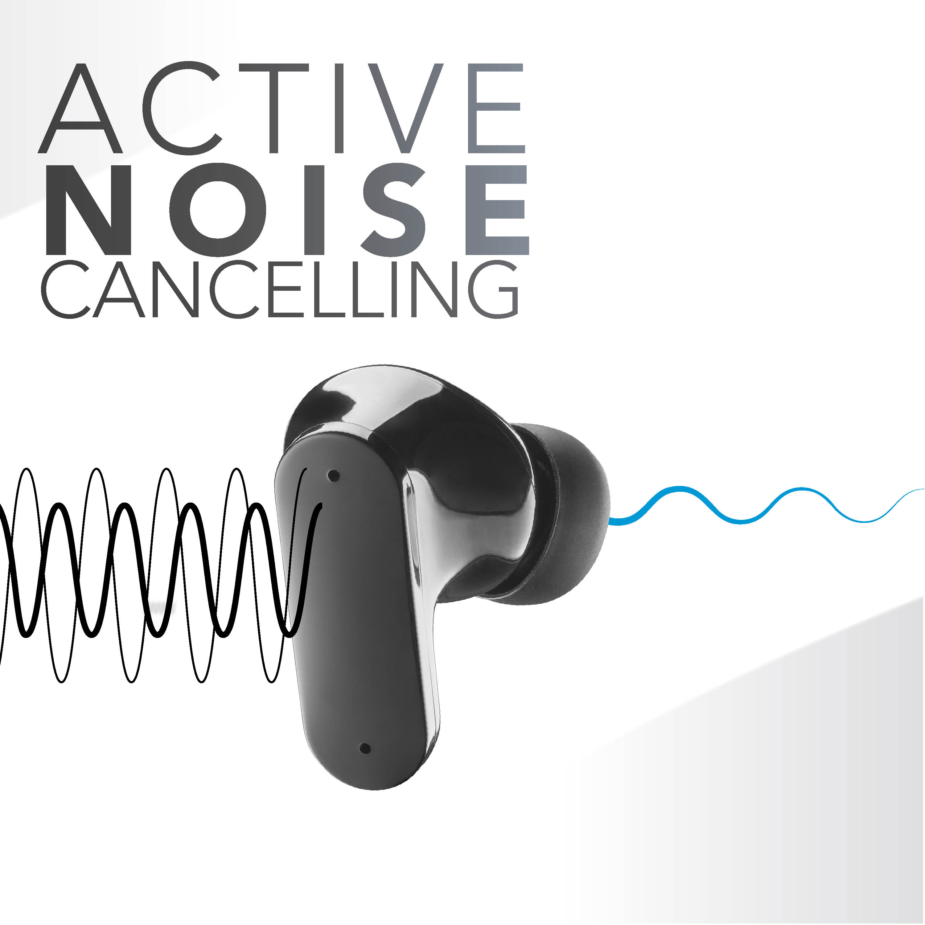 Schwarzer Ohrhörer mit Schallwellen und Text 'ACTIVE NOISE CANCELLING'.
