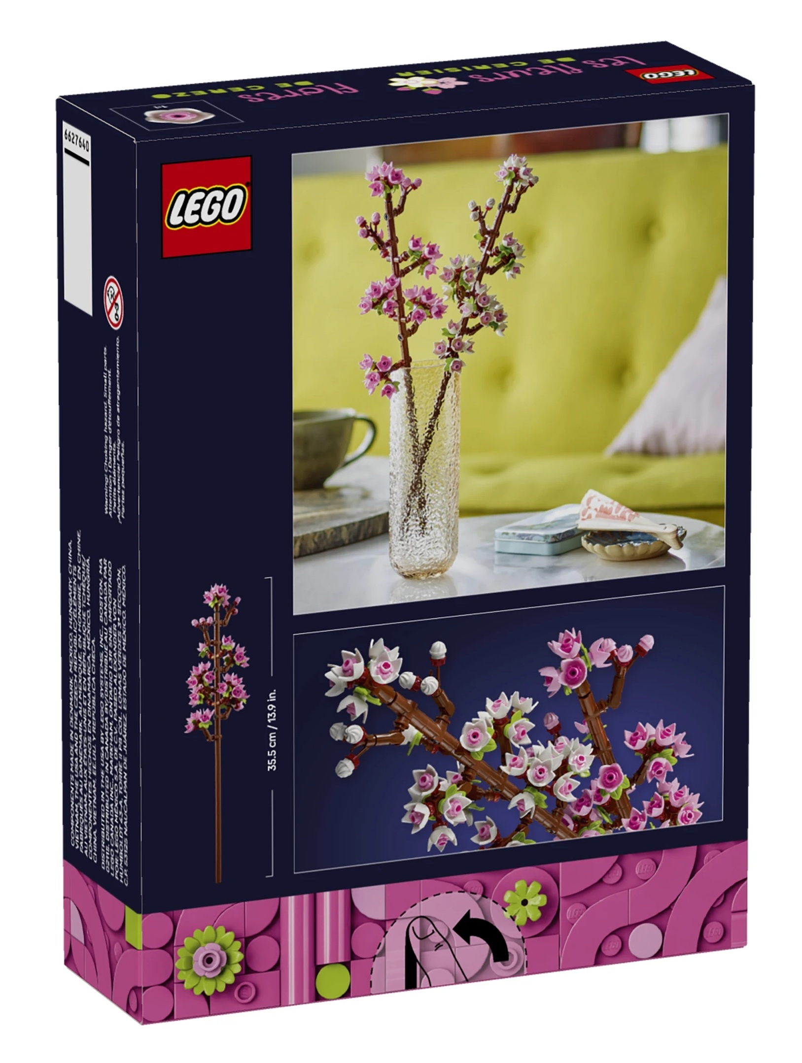 Pudełko LEGO z modelem kwiatu wiśni i szczegółami produktu.