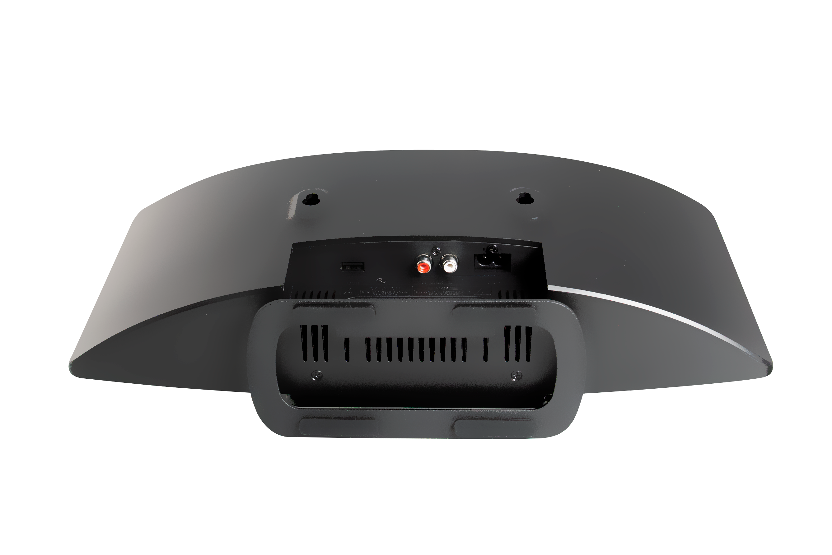 Tył czarnego urządzenia z portami USB, czerwonym/białym RCA i zasilaniem.