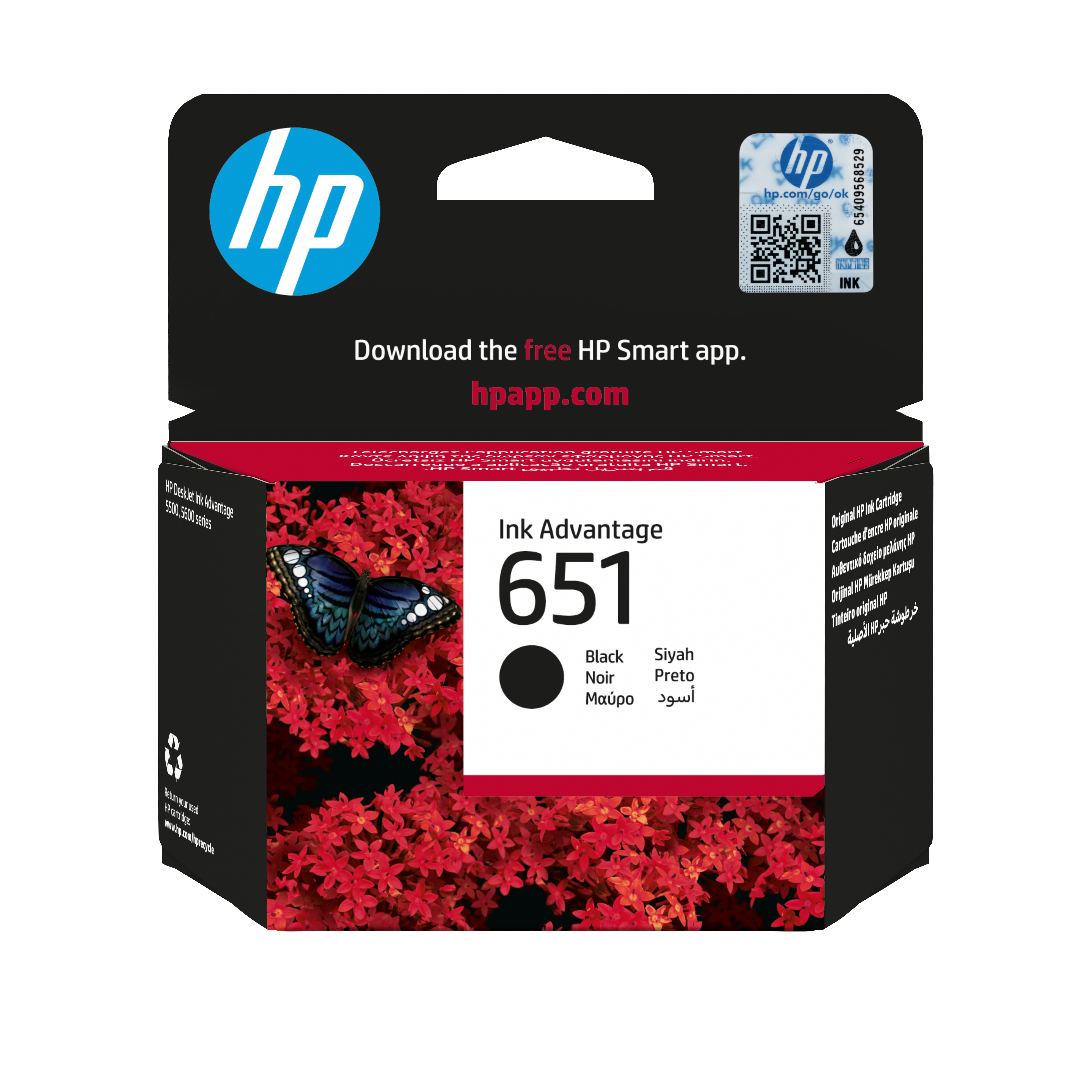 Opakowanie czarnego tuszu HP Ink Advantage 651 z motylem na czerwonych kwiatach.