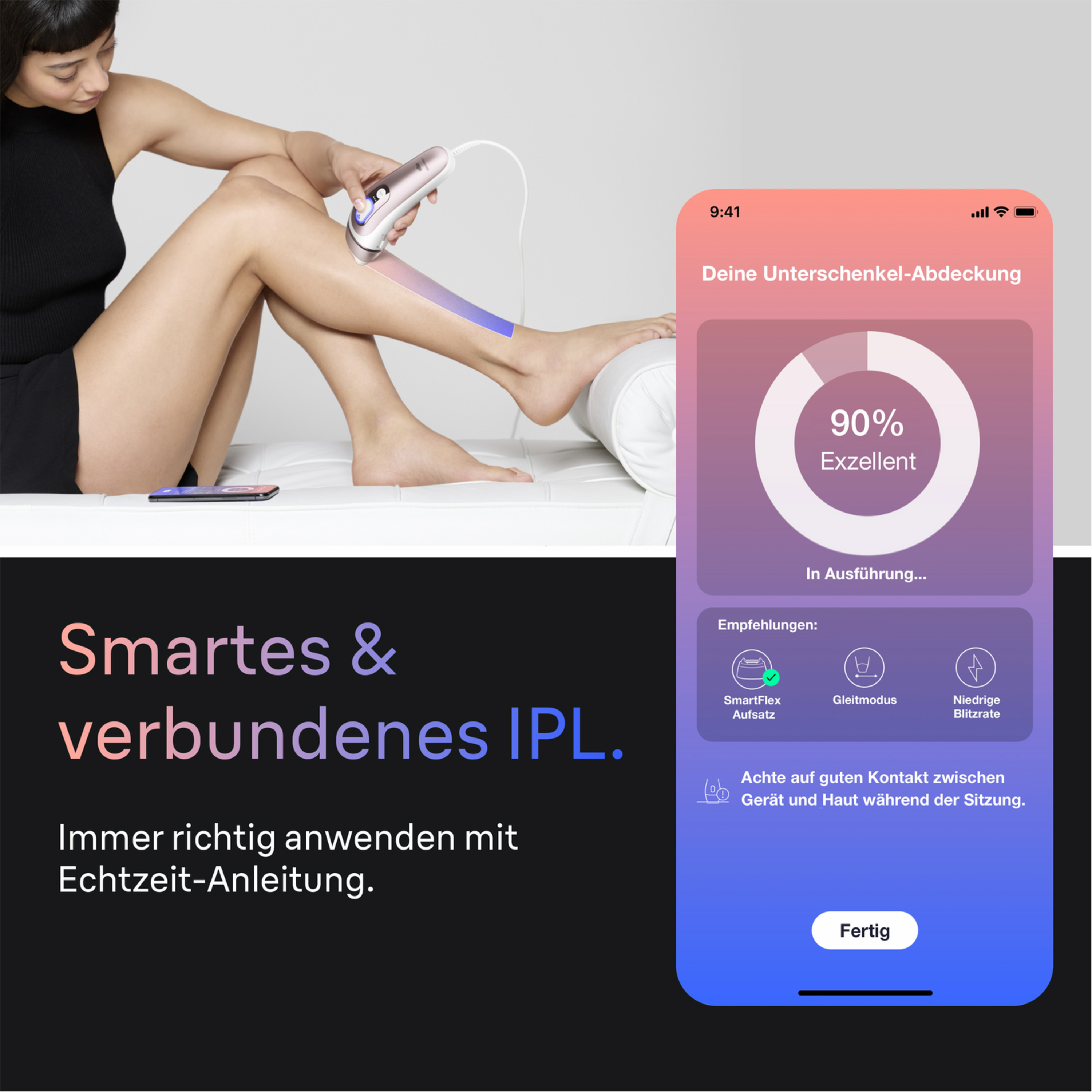 Frau nutzt IPL-Gerät am Bein, Handy zeigt 90% exzellente Abdeckung & Anleitung.