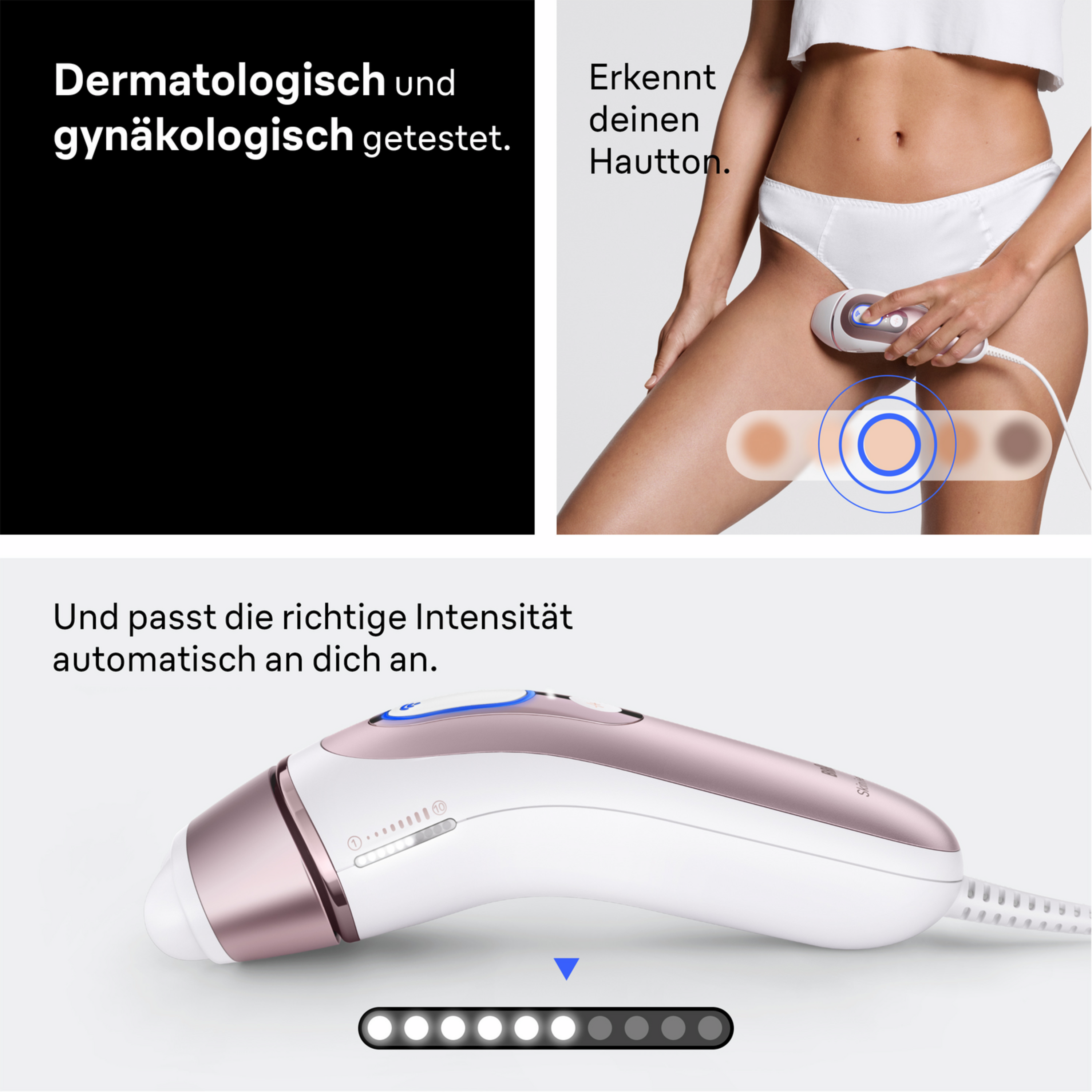 Ein IPL-Haarentferner passt die Intensität automatisch an den Hautton an.