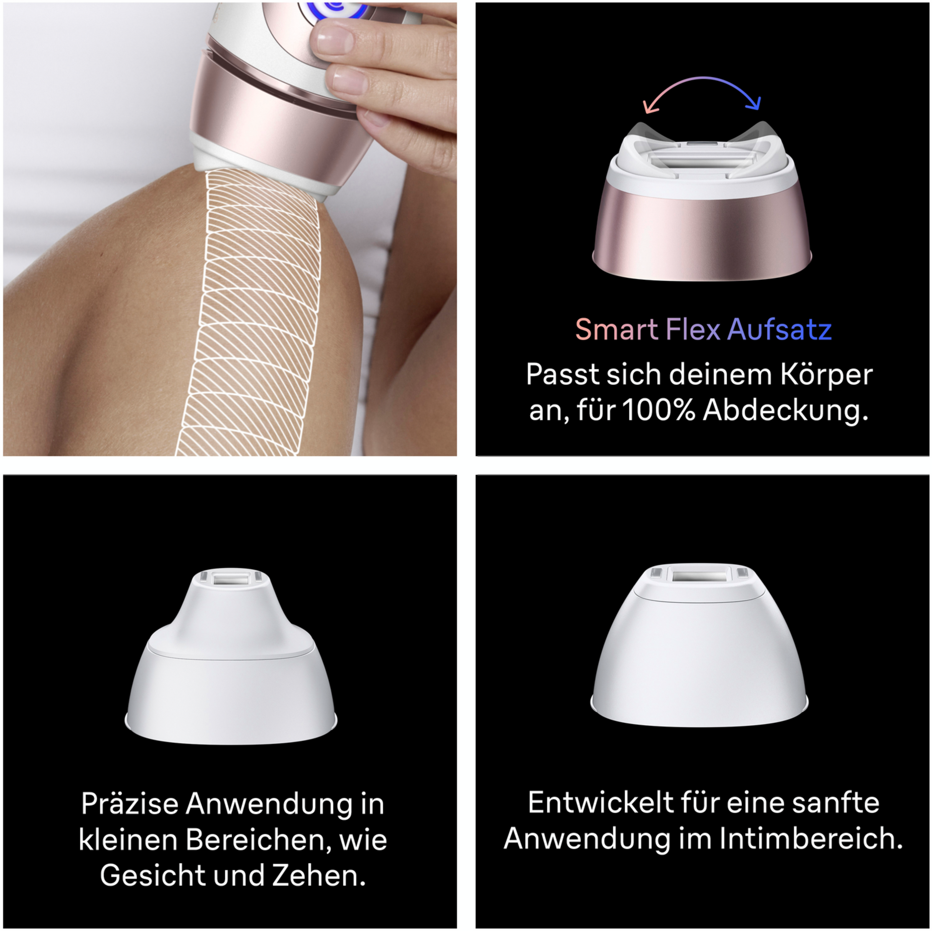 Ein Hautpflegegerät mit verschiedenen Aufsätzen für unterschiedliche Körperbereiche.