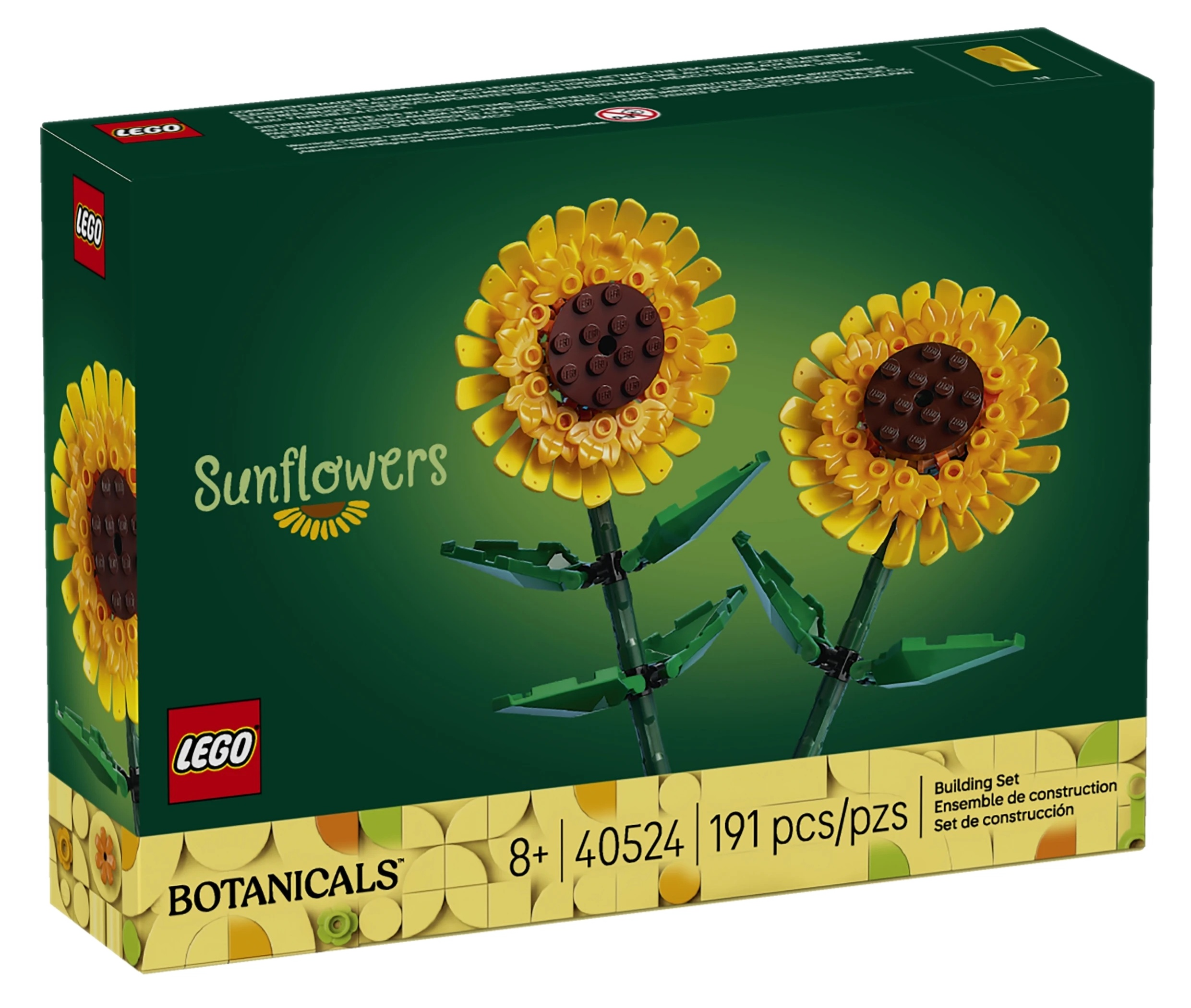 Zestaw LEGO Słoneczniki, 191 elementów. Zielone pudełko z dwoma żółtymi słonecznikami.