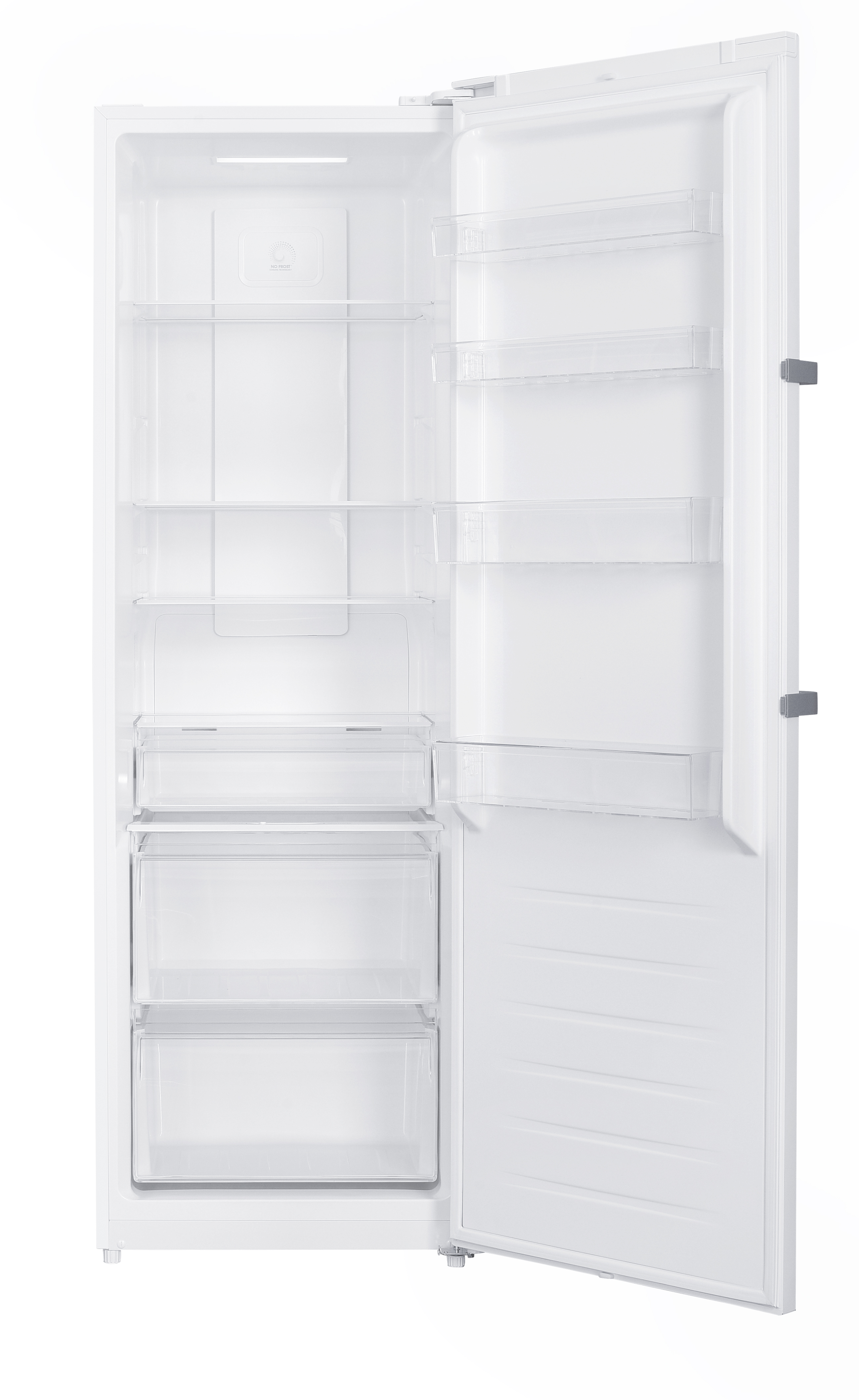 Ein leerer weißer Kühlschrank mit offener Tür und Glasablagen.