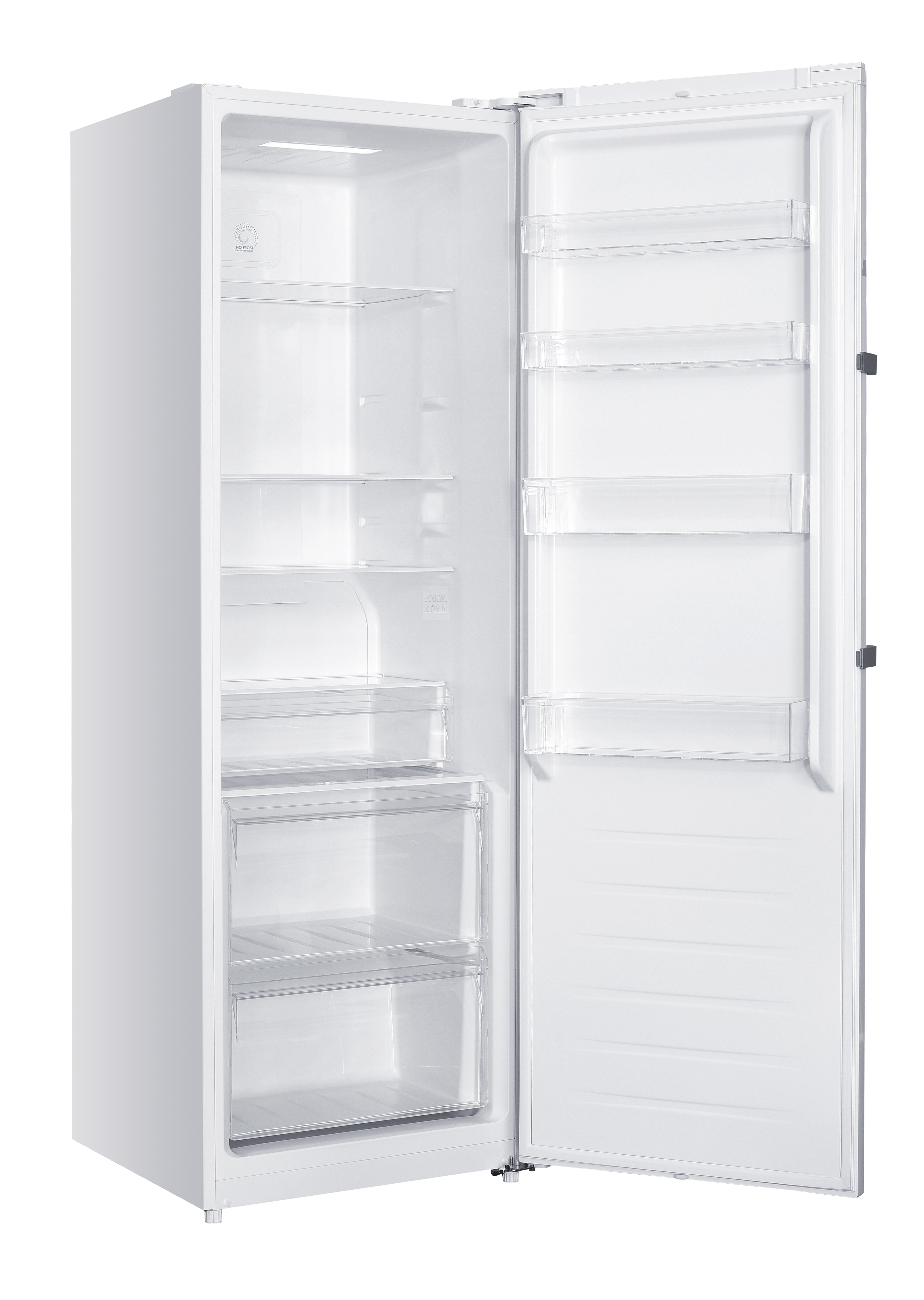 Ein weißer, leerer Kühlschrank mit offener Tür. Innen sind Regale und Schubladen.
