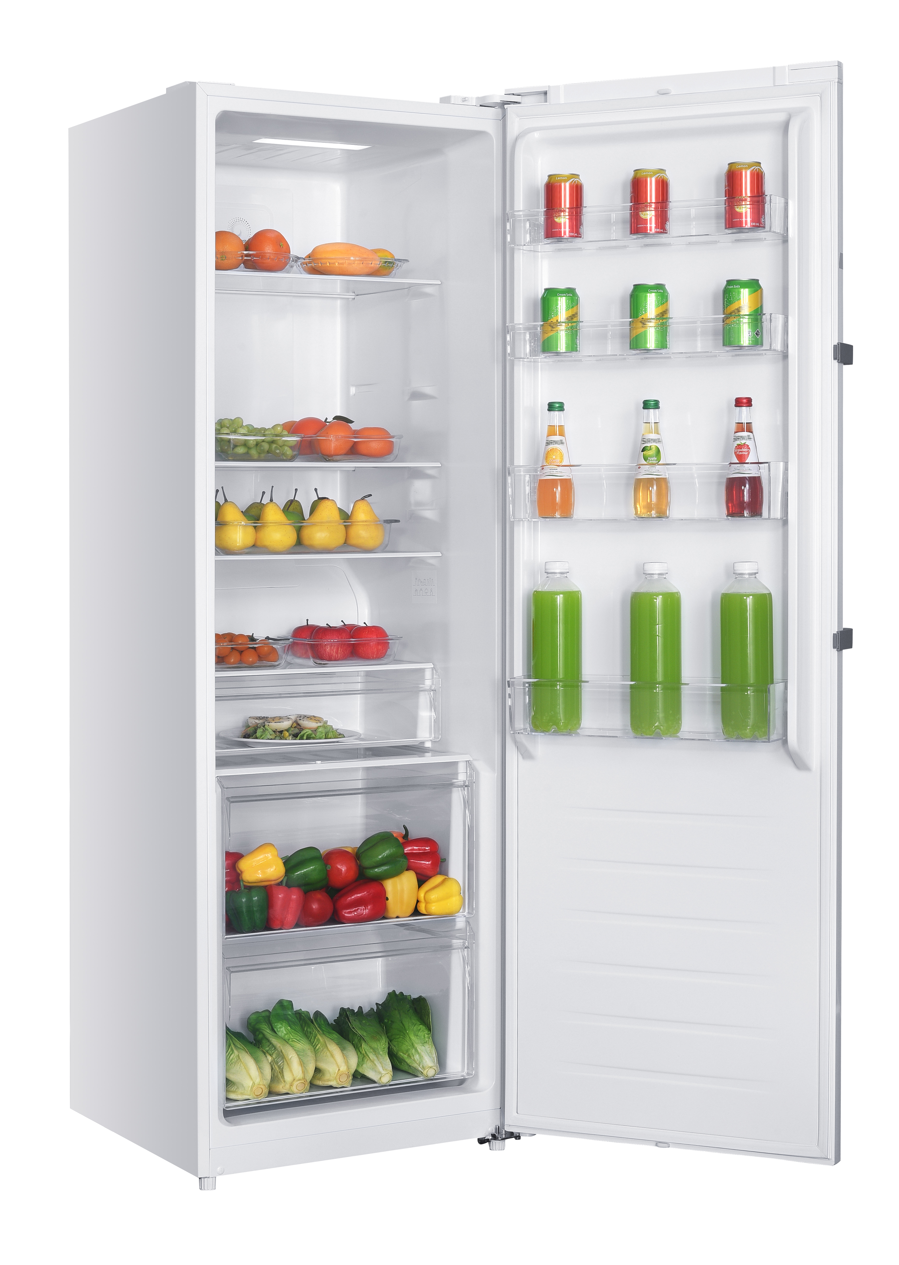 Ein offener weißer Kühlschrank mit Obst, Gemüse und Getränken auf den Regalen.