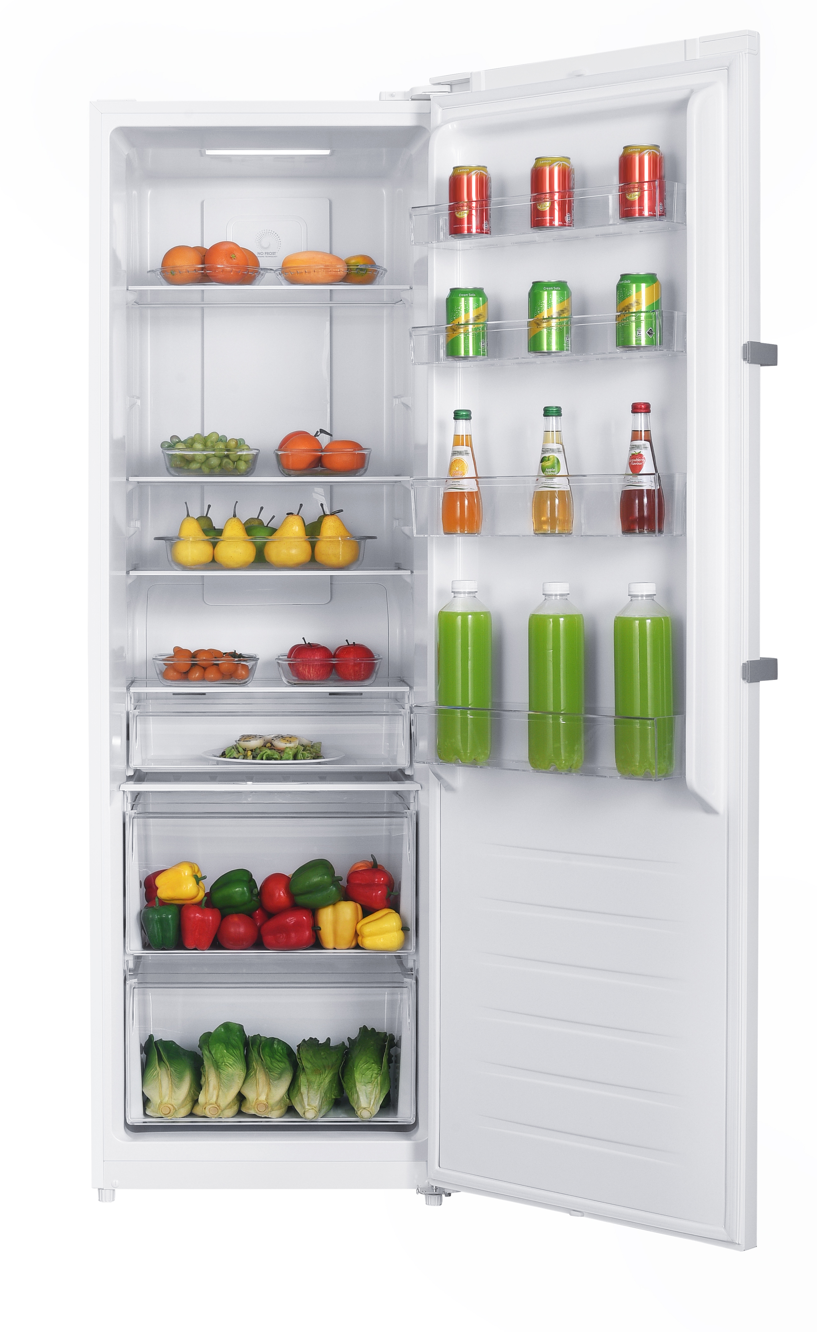 Ein offener Kühlschrank mit Obst, Gemüse, Getränken und Essen auf den Regalen.