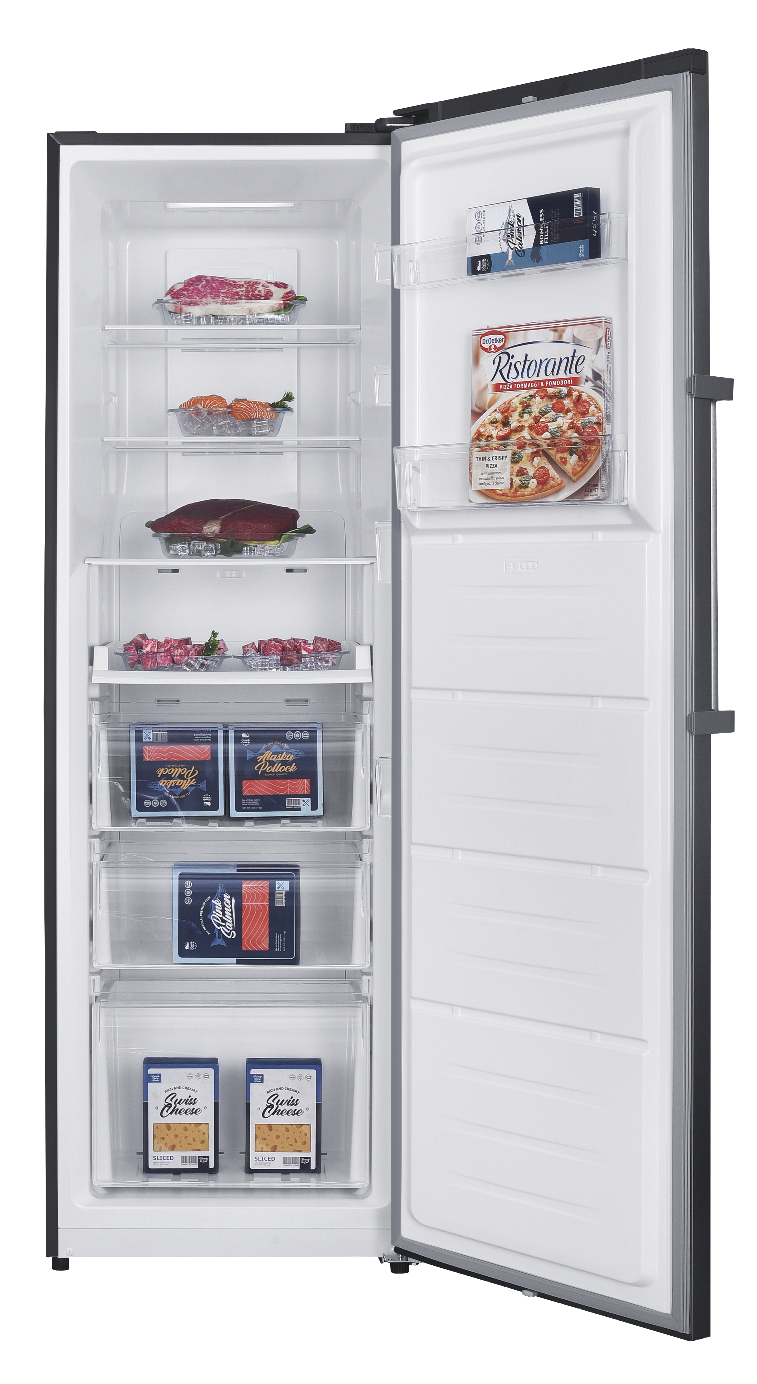 Ein offener Kühlschrank mit Fleisch, Pizza und gefrorenen Lebensmitteln.