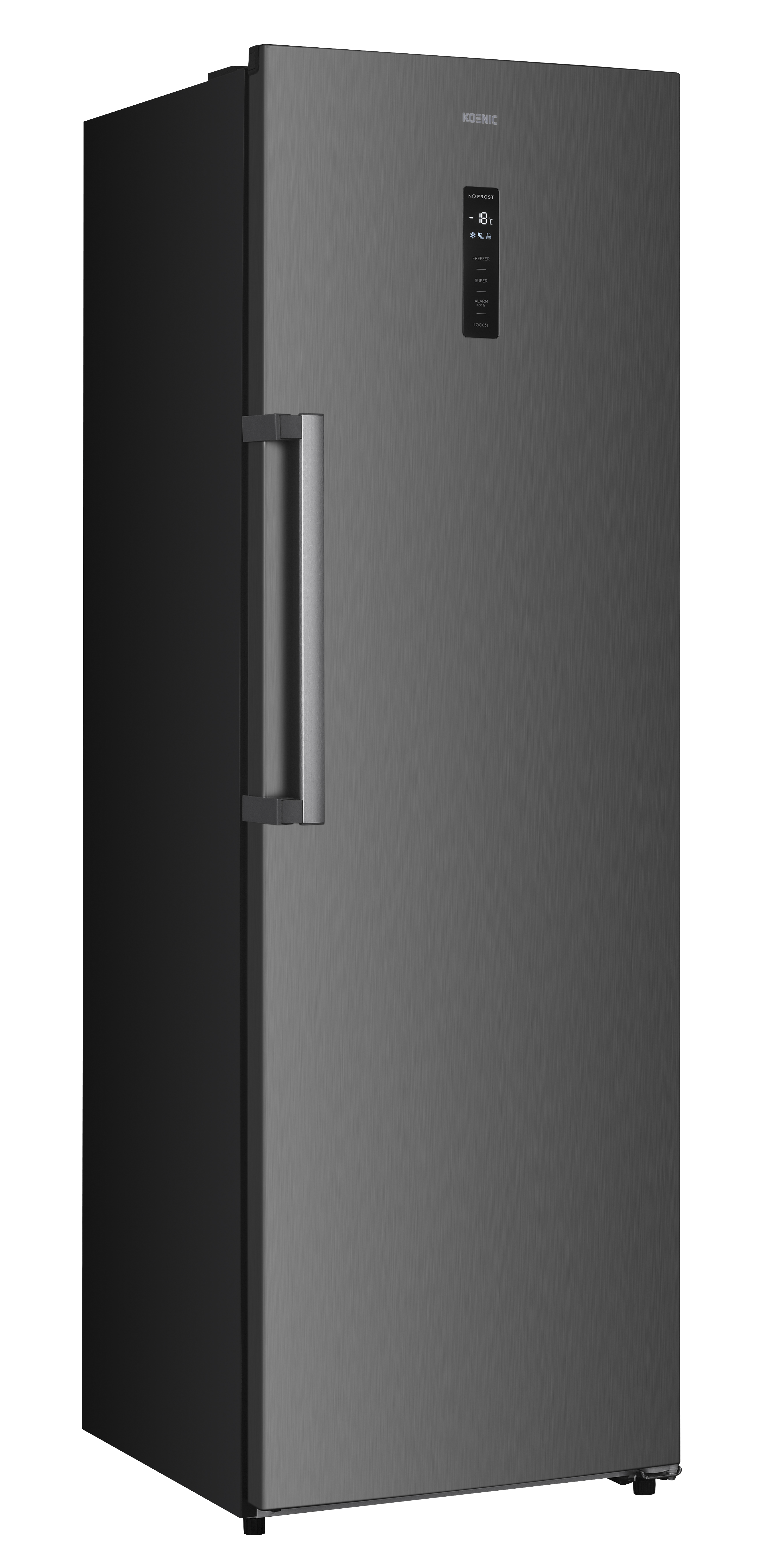 Ein grauer Kühlschrank mit silbernem Griff und digitaler Anzeige.